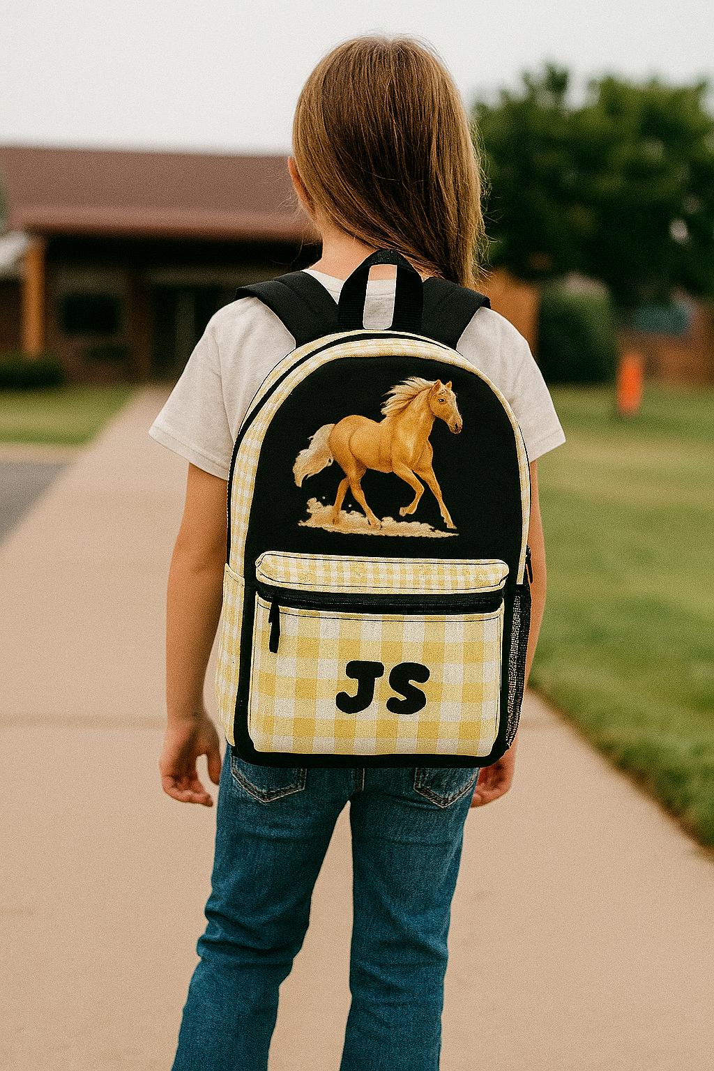 Palomino Horse Gingham Backpack – Personalized Kids School Bag

Saddle up for school with this bold and beautiful backpack! Featuring a golden palomino in full gallop and classic yellow gingham trim, this custom bag is perfect for horse-loving kiddos who like to stand out.

Add your child’s name or initials to the front pocket for that extra personal touch!

✓ Striking palomino horse artwork on a black background
✓ Sunny yellow gingham trim for Western charm