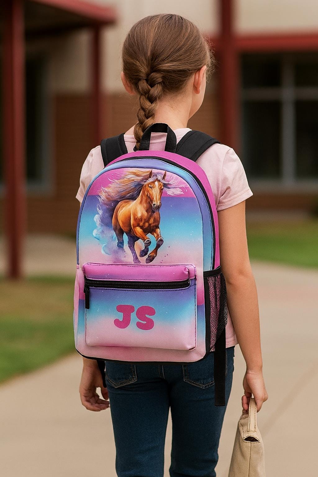 Rainbow horse backpack, custom kids back to school backpack.
✓ Personalized with their name or initials — because generic is boring
✓ Big enough to haul all the things (books, boots, snacks, you name it)
✓ Padded straps so it’s comfy for long days at school, fairs, and rodeos
✓ Laptop sleeve + bottle pocket because you need smart storage
✓ Durable polyester that handles kid-life without flinching
✓ Size: 12.5”L x 17”H x 5”W — Fits homework AND horse treats