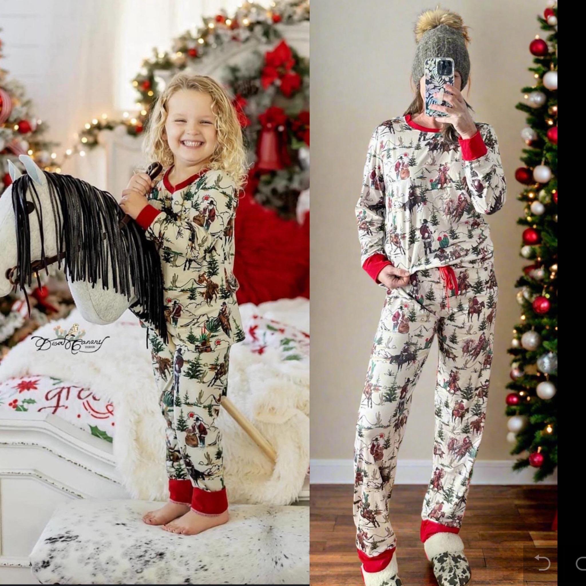 Western Cowboy Santa Christmas PJs | Matching Family Pajamas for Adults & Kids, Holiday PJs for All