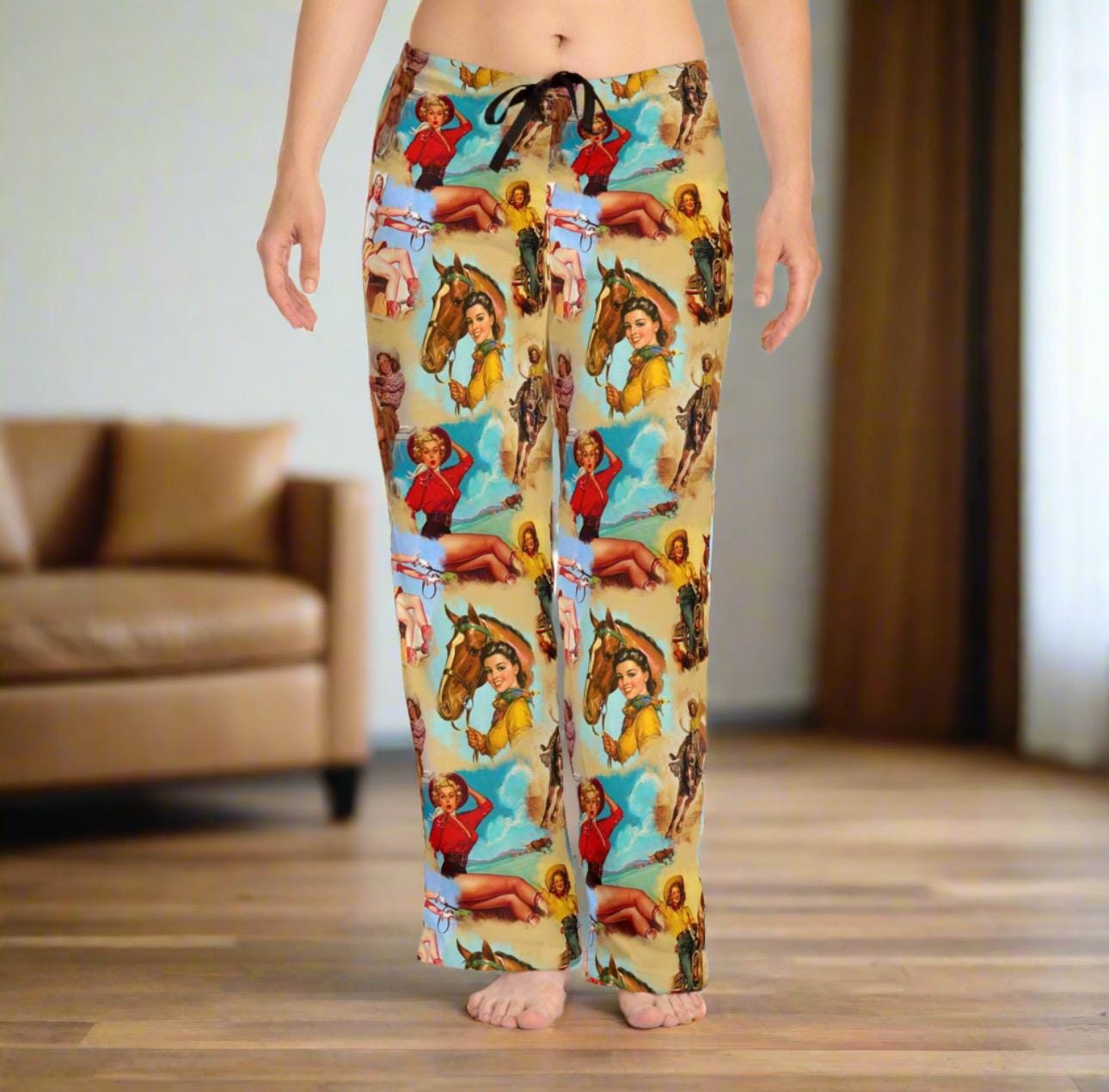 Vintage Cowgirl Womens Pajama Pants, Retro Cowgirl Montage -Razels