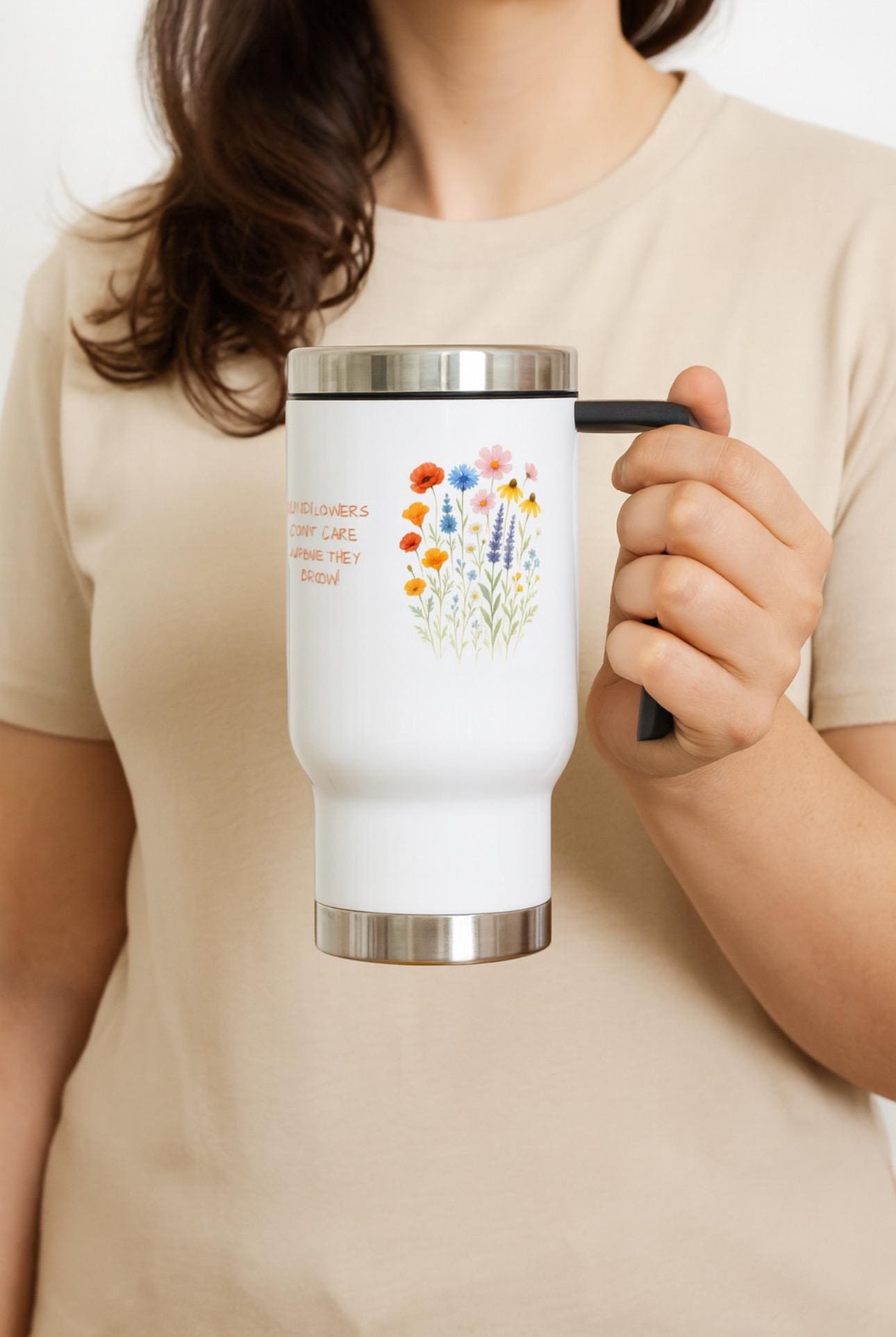 Wildflower Travel Mug, Floral Stainless Steel Coffee Cup, Custom Name or Quote -Razels