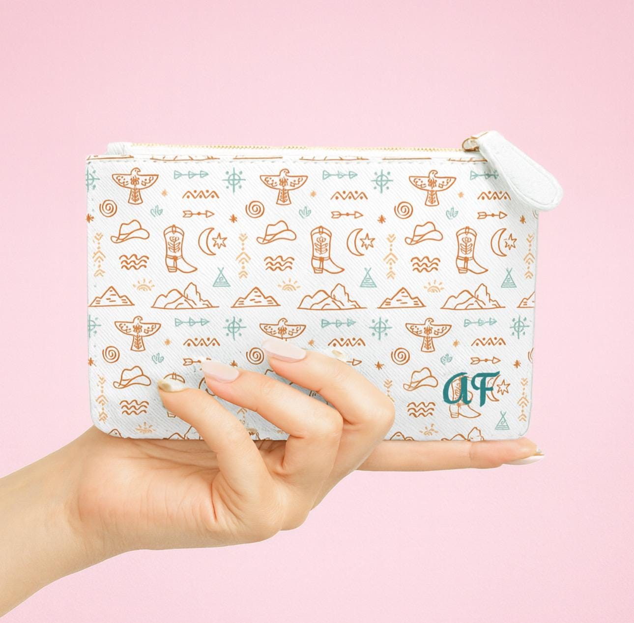 Personalized Western Mini Clutch, Beige & Turquoise Cowgirl Zip Bag with Name or Initials | Faux Leather Purse for Girls, Gifts, Travel -Razels