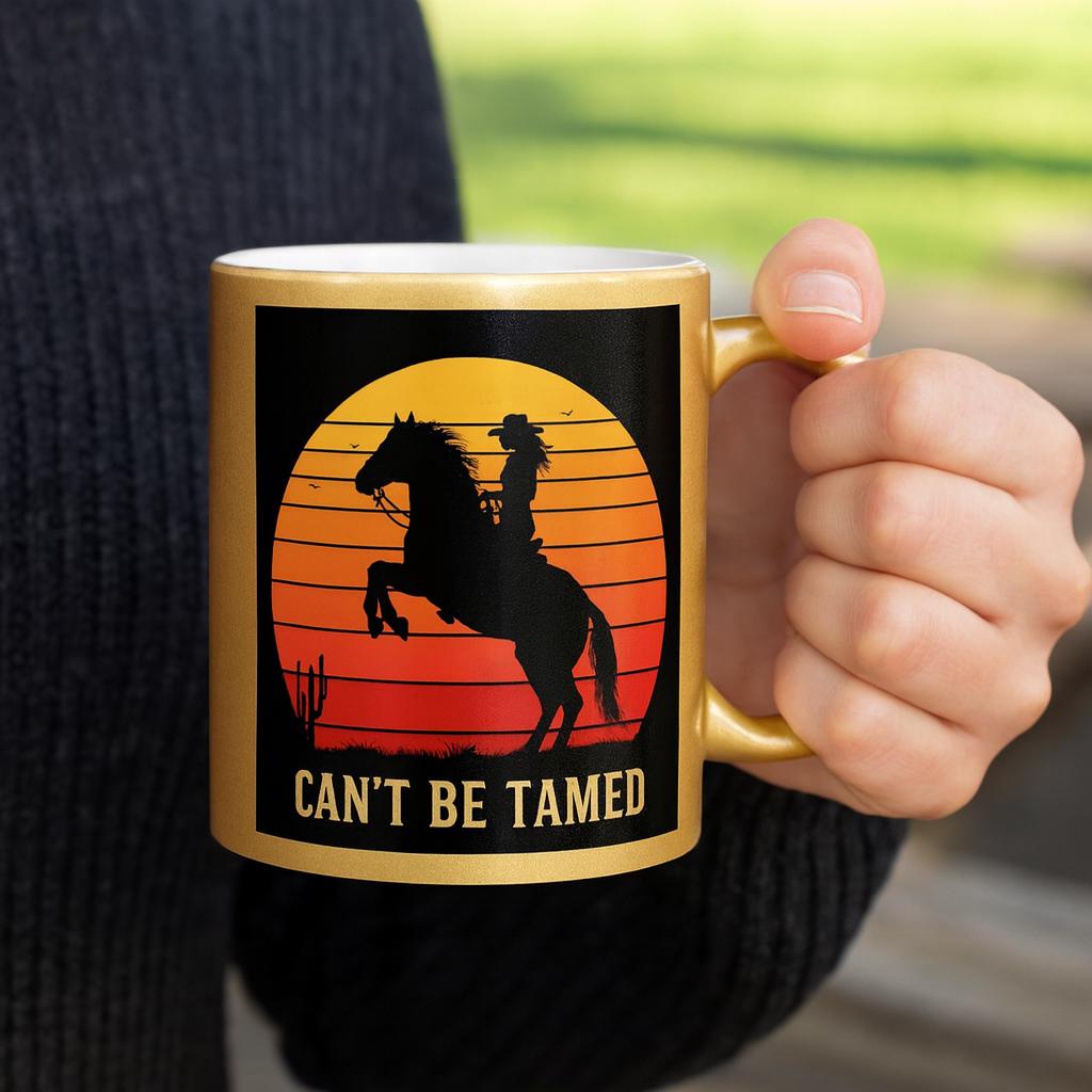 Metallic Gold Cowgirl Mug – “Can’t Be Tamed”

✓ 11oz ceramic mug – just the right size for your favorite brew
✓ Flashy metallic gold coating that catches the light (and compliments)
✓ Sassy “Can’t Be Tamed” design to show off your wild side
✓ C-handle for comfy, no-slip sipping
✓ Design printed on both sides – show it off from any angle
✓ Not made with real gold (but still looks like a million bucks)