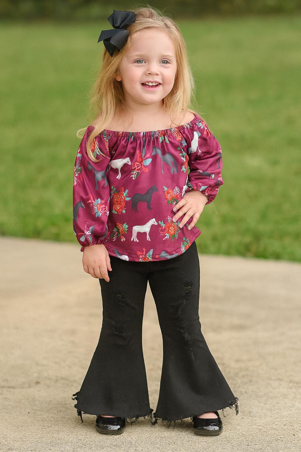 Girls Horse Outfit: Ruffled Blouse & Distressed Black Bell Bottom Jeans -Razels