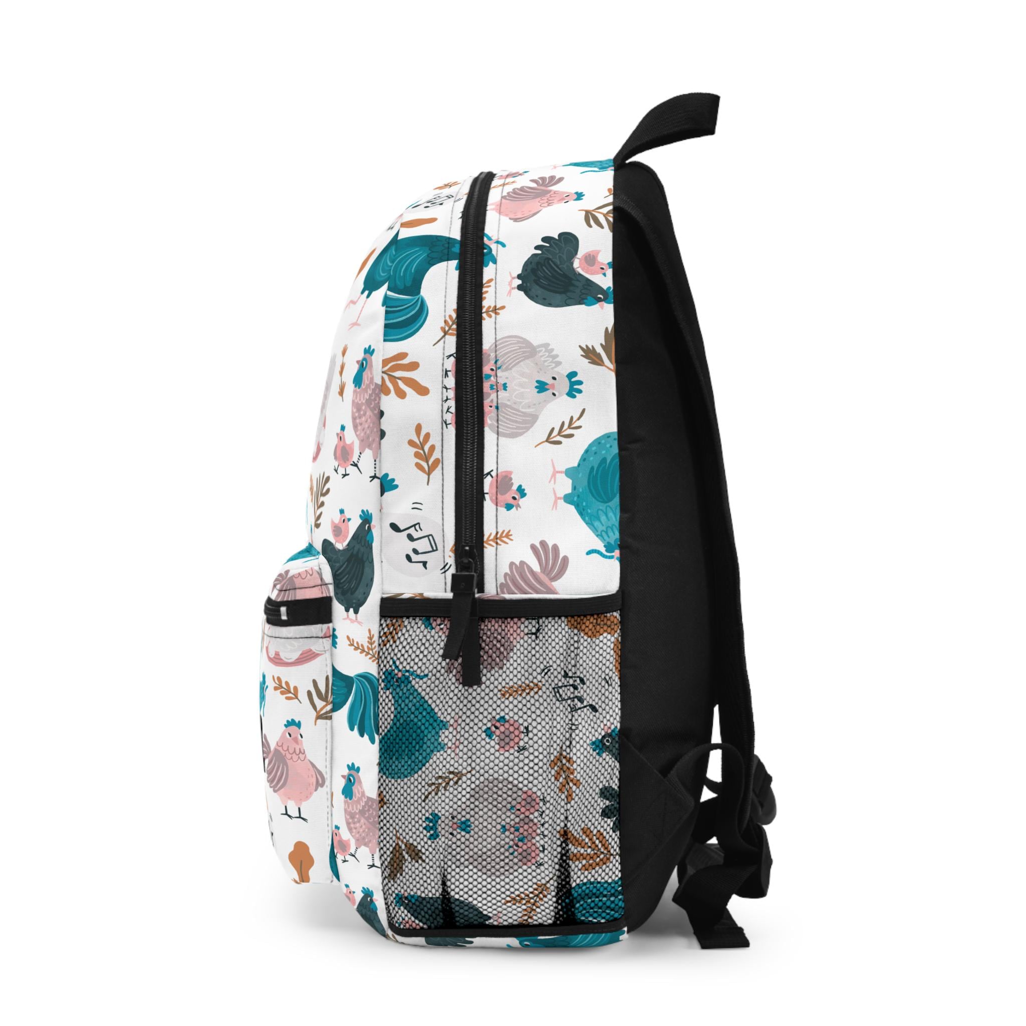 Cute Chicken Backpack, Personalized Name, Colorful Hen Print, 17" School Bag w/ Laptop Sleeve -Razels