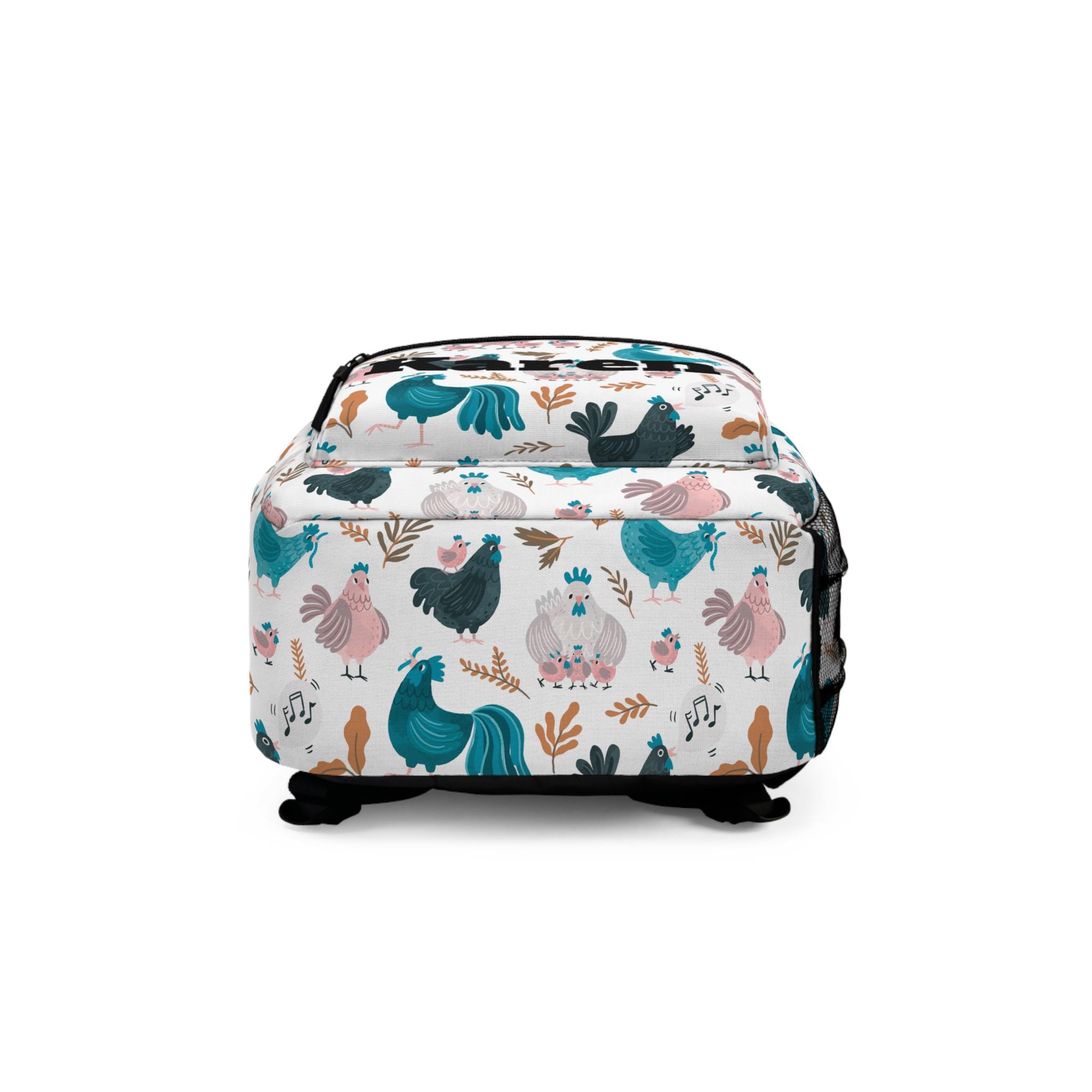 Cute Chicken Backpack, Personalized Name, Colorful Hen Print, 17" School Bag w/ Laptop Sleeve -Razels