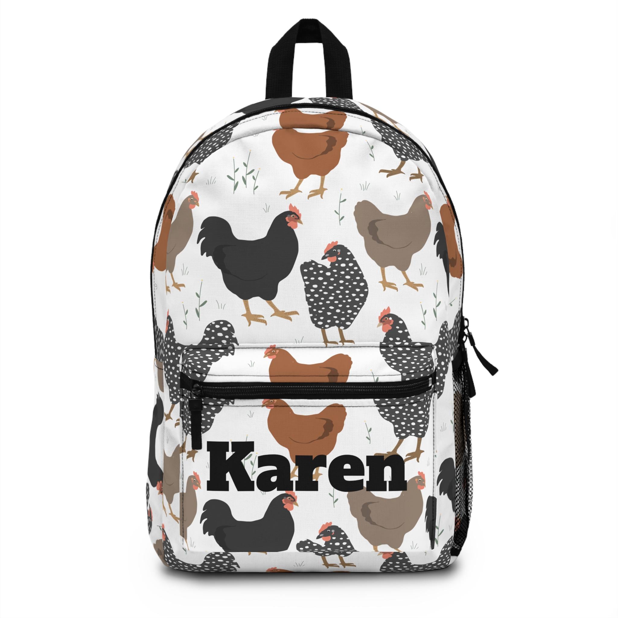 Custom Chicken Backpack – Personalized Name, Farm Hen Print, 17&quot; School Bag w/ Laptop Sleeve

Cluck yeah! This roomy, durable backpack brings farm-fresh style to school days and errands. Add your name or initials for a custom finish kids (and chicken-loving grownups) adore.

✓ Personalization: add a name/initials (printed exactly as typed)
✓ 4 compartments: main zip (13L), front zip, side bottle pocket, interior laptop/tablet sleeve
✓ One size: 17&quot; H × 12.5&quot; W × 5&quot; D (±0.5&qu
