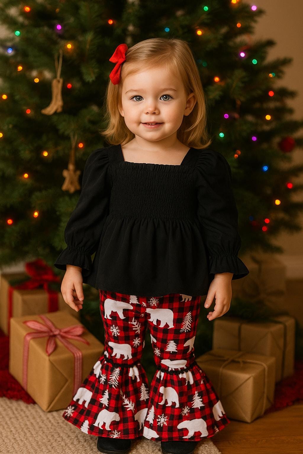 Embrace the holiday cheer with this festive Christmas outfit, perfect for your little one’s seasonal celebrations! 🎄❄

This adorable set features:
✓ A soft black blouse for a classic holiday touch
✓ Red buffalo plaid bell bottoms decorated with white bears, trees & snowflakes for cozy festive flair

✨ Available Sizes: 12/18 months, 18/24 months, 2/3T, 3/4T

Whether it’s a visit with Santa, family photos, or holiday parties, this outfit brings comfort and Christmas spirit in one!