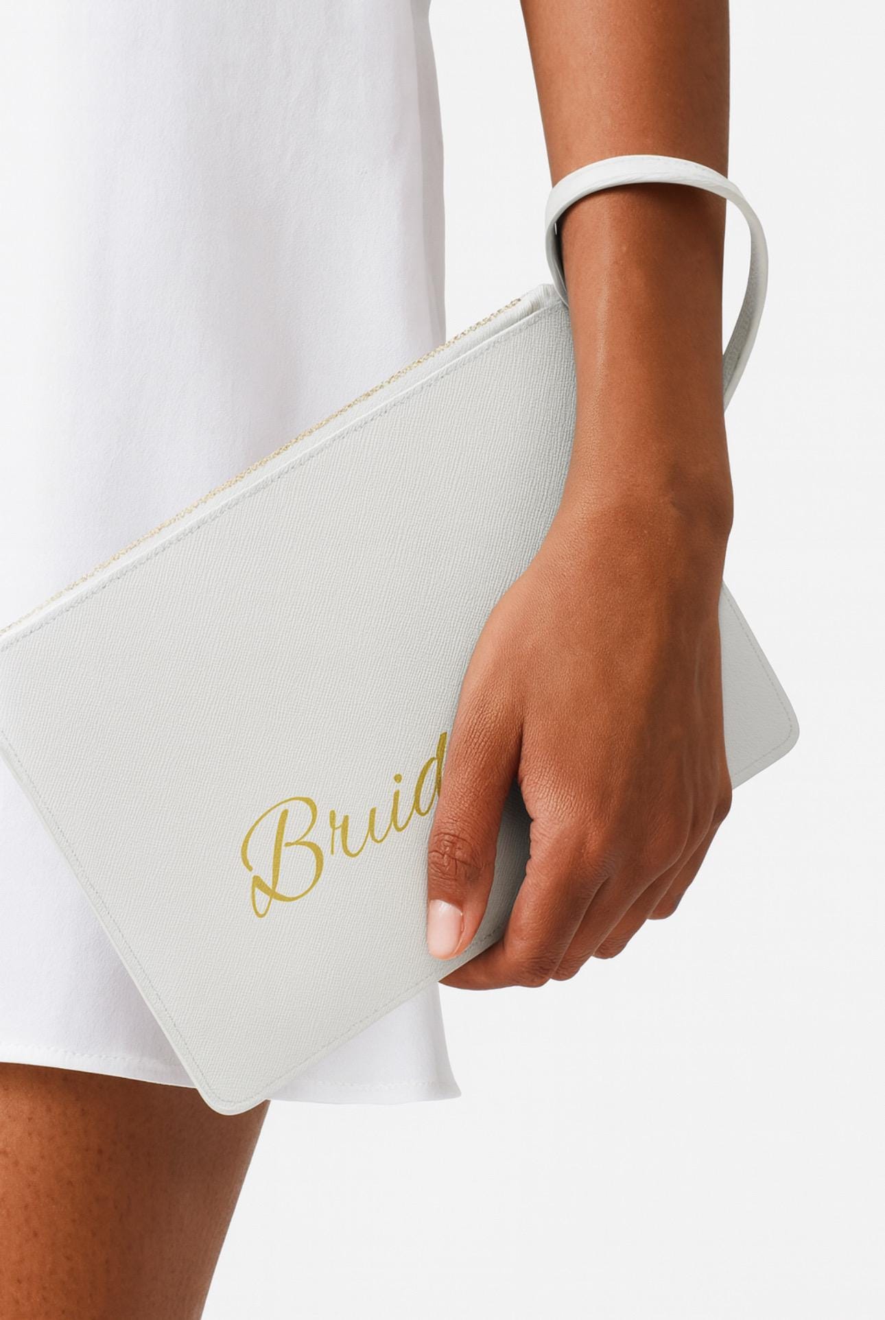 Personalized Bridesmaid Clutch: White & Gold Saffiano Leather with Wrist Strap -Razels