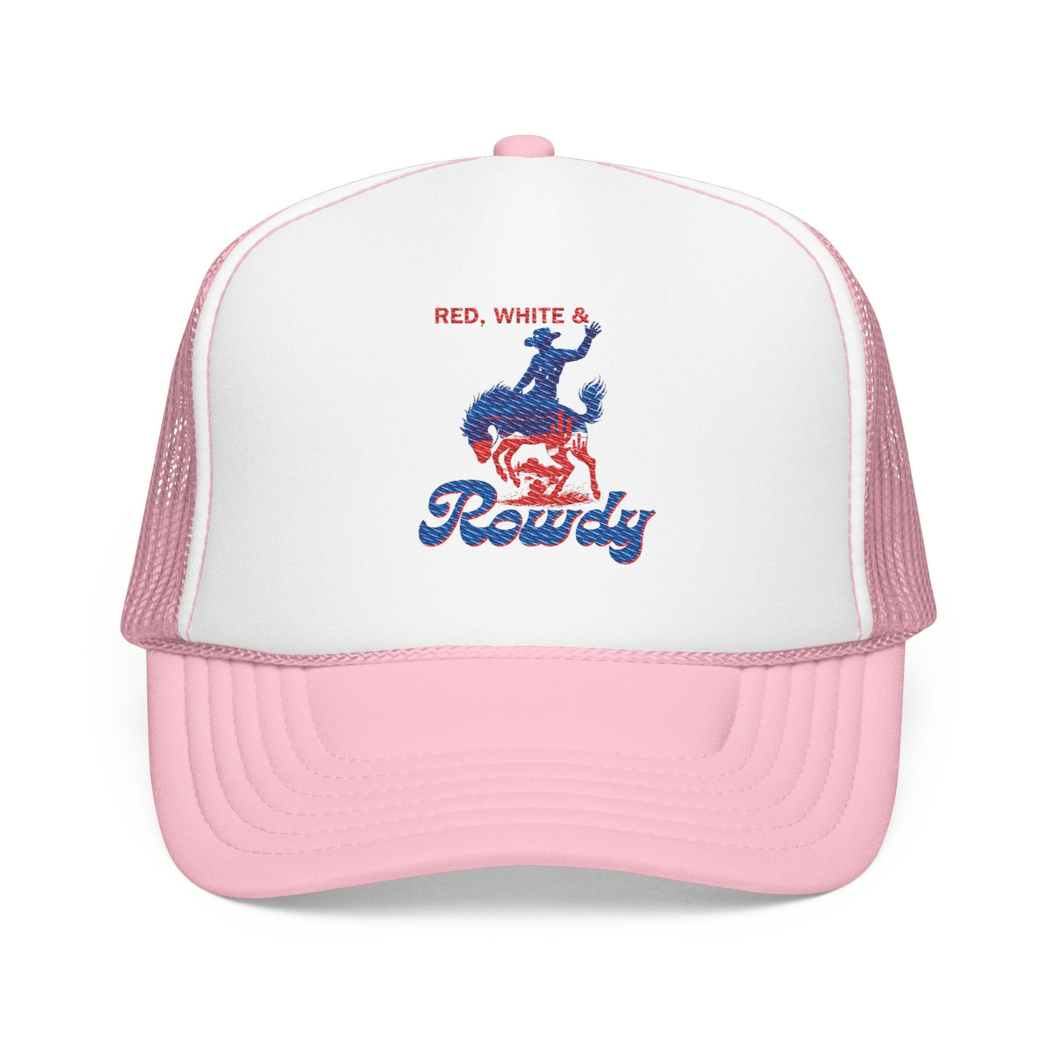 Cowboy Trucker Hat Red White & Rowdy Foam Cap Pink Turquoise Black Embroidered 4th of July Rodeo Hat -Razels
