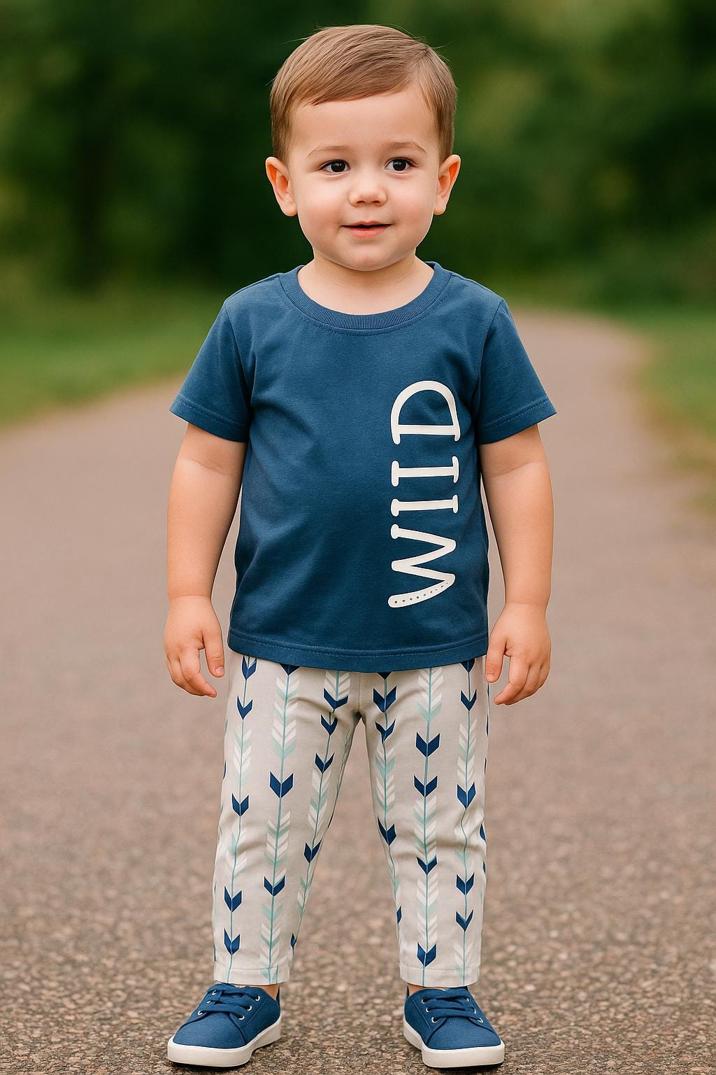 Boys WILD Shirt | Wild One Birthday Outfit | Arrow Print Jogger Set for Kids

Get your little cowboy ready to celebrate his Wild One Birthday in style! This Wild One Jogger Set is perfect for a Western-themed birthday bash or a fun-filled day of adventure. 🐴

The jogger pants feature a trendy arrow print in shades of grey, white, blue, and mint, capturing the spirit of the Wild West. Paired with a bold blue t-shirt showcasing &quot;WILD&quot; down the front, this outfit is as stylish as it is c