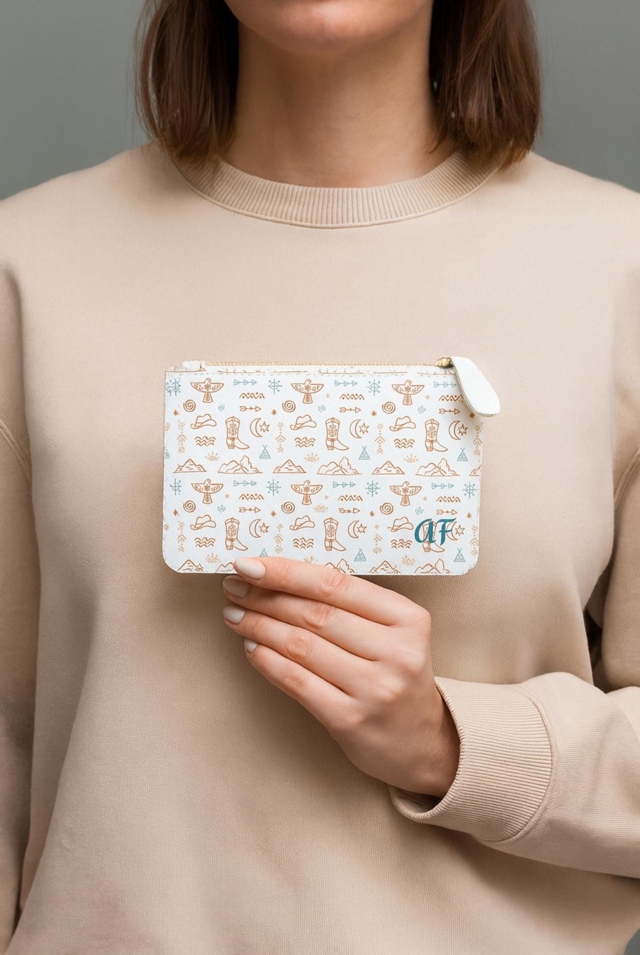 Personalized Western Mini Clutch, Beige & Turquoise Cowgirl Zip Bag with Name or Initials | Faux Leather Purse for Girls, Gifts, Travel -Razels
