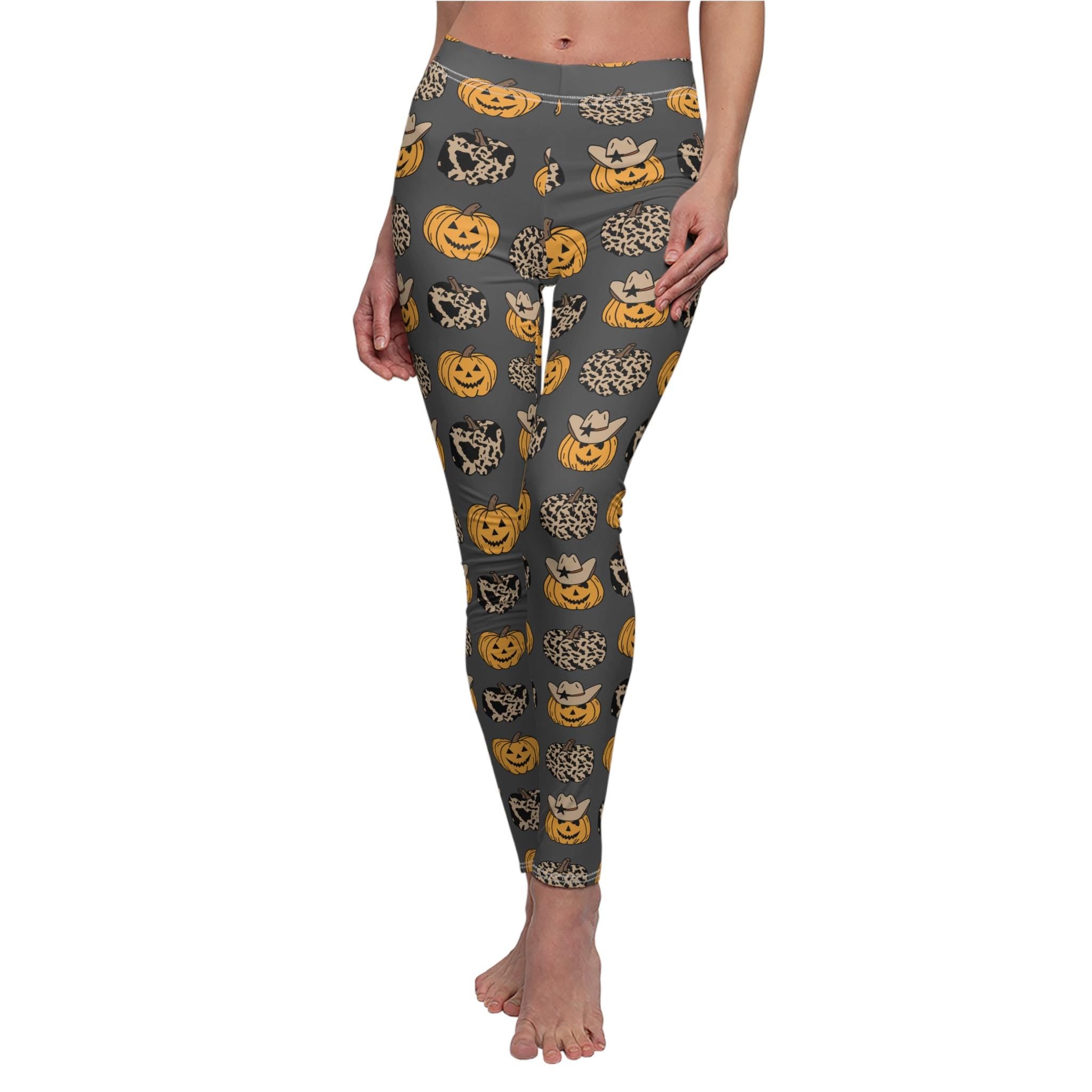 Halloween Pumpkin Leggings Women | Fall Festival Spooky Print Leggings | Charcoal Grey Cozy Yoga Pants | Cute Autumn Cowgirl Pumpkin Outfit -Razels