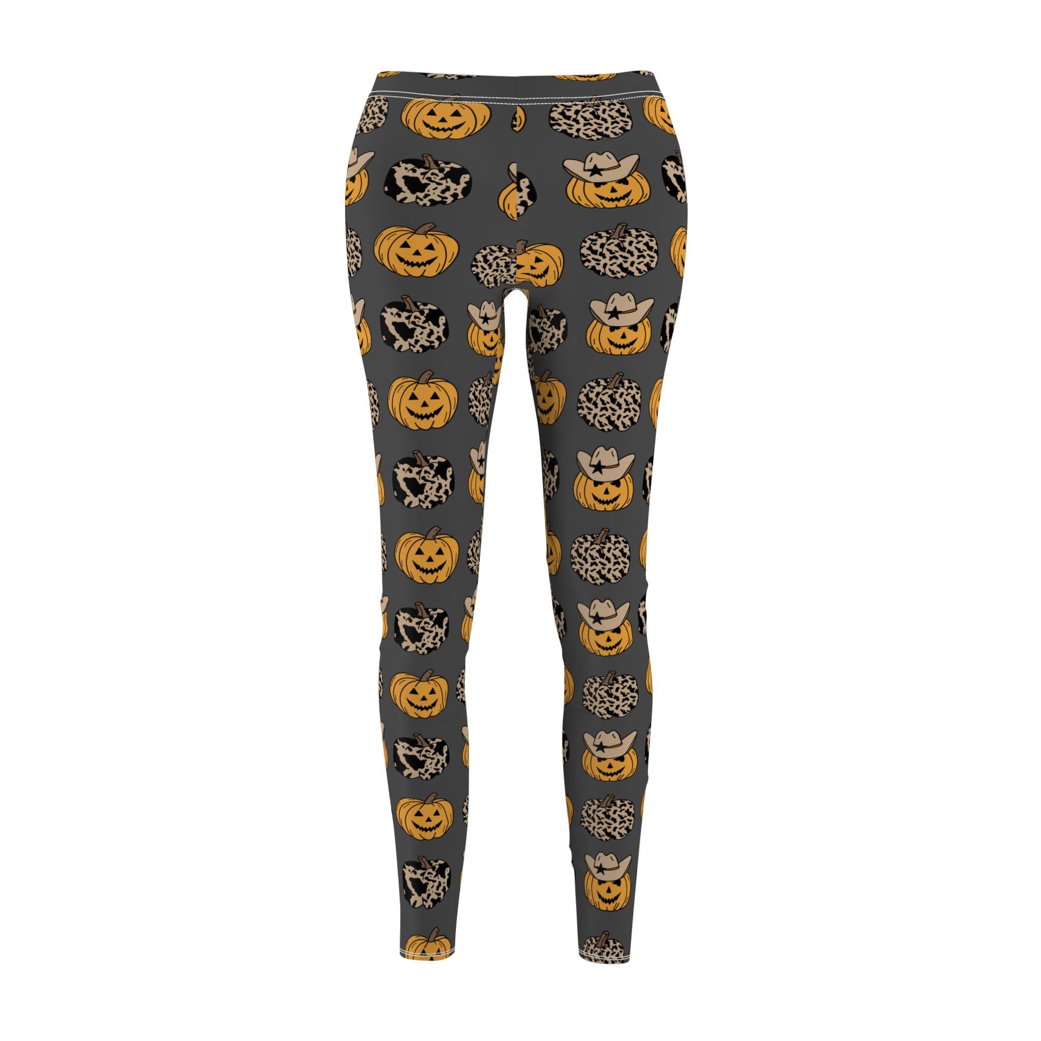 Halloween Pumpkin Leggings Women | Fall Festival Spooky Print Leggings | Charcoal Grey Cozy Yoga Pants | Cute Autumn Cowgirl Pumpkin Outfit -Razels