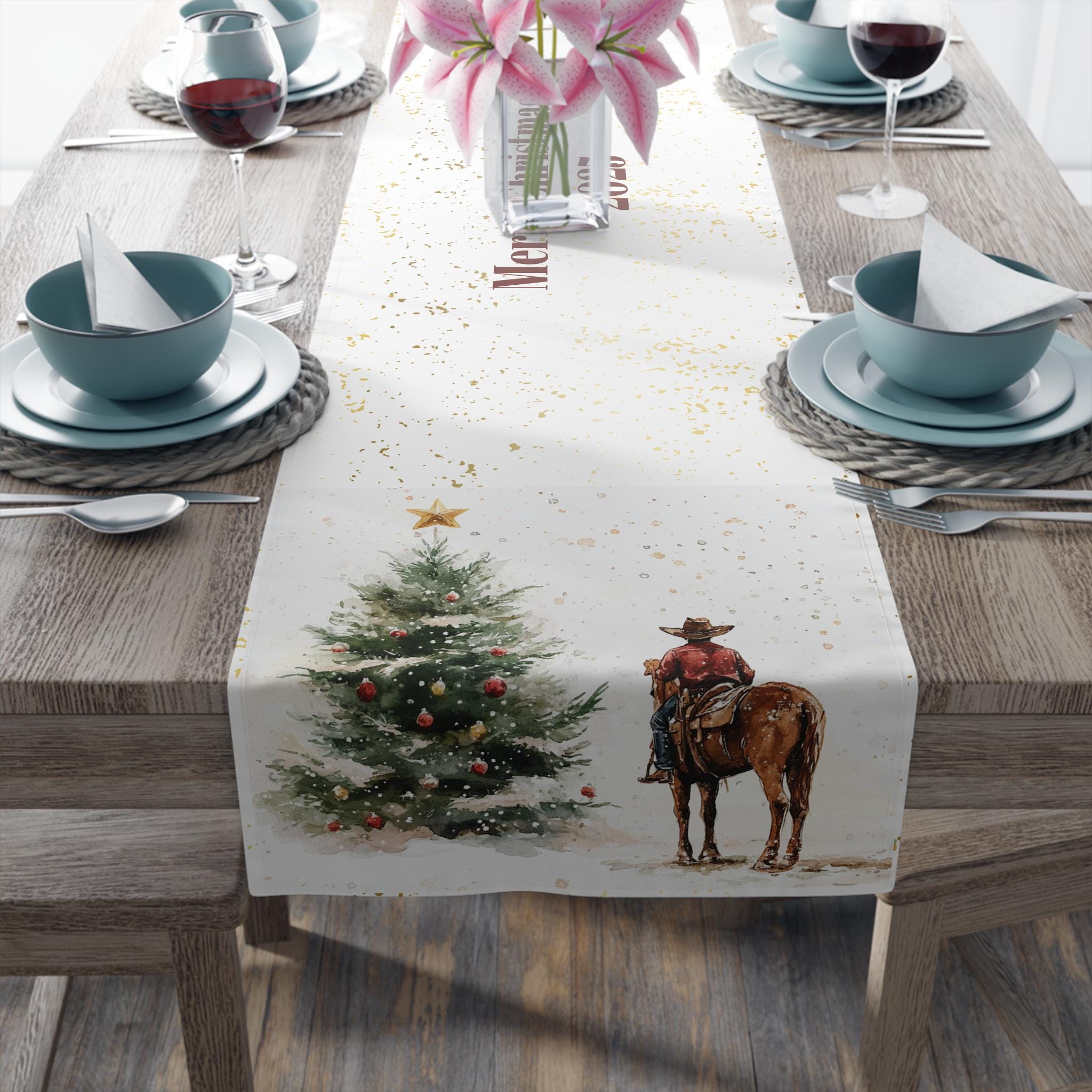 Cowboy Christmas Table Runner, Western Holiday Decor, Rustic Farmhouse Table Accent, Personalized Cowboy Christmas Runner, -Razels