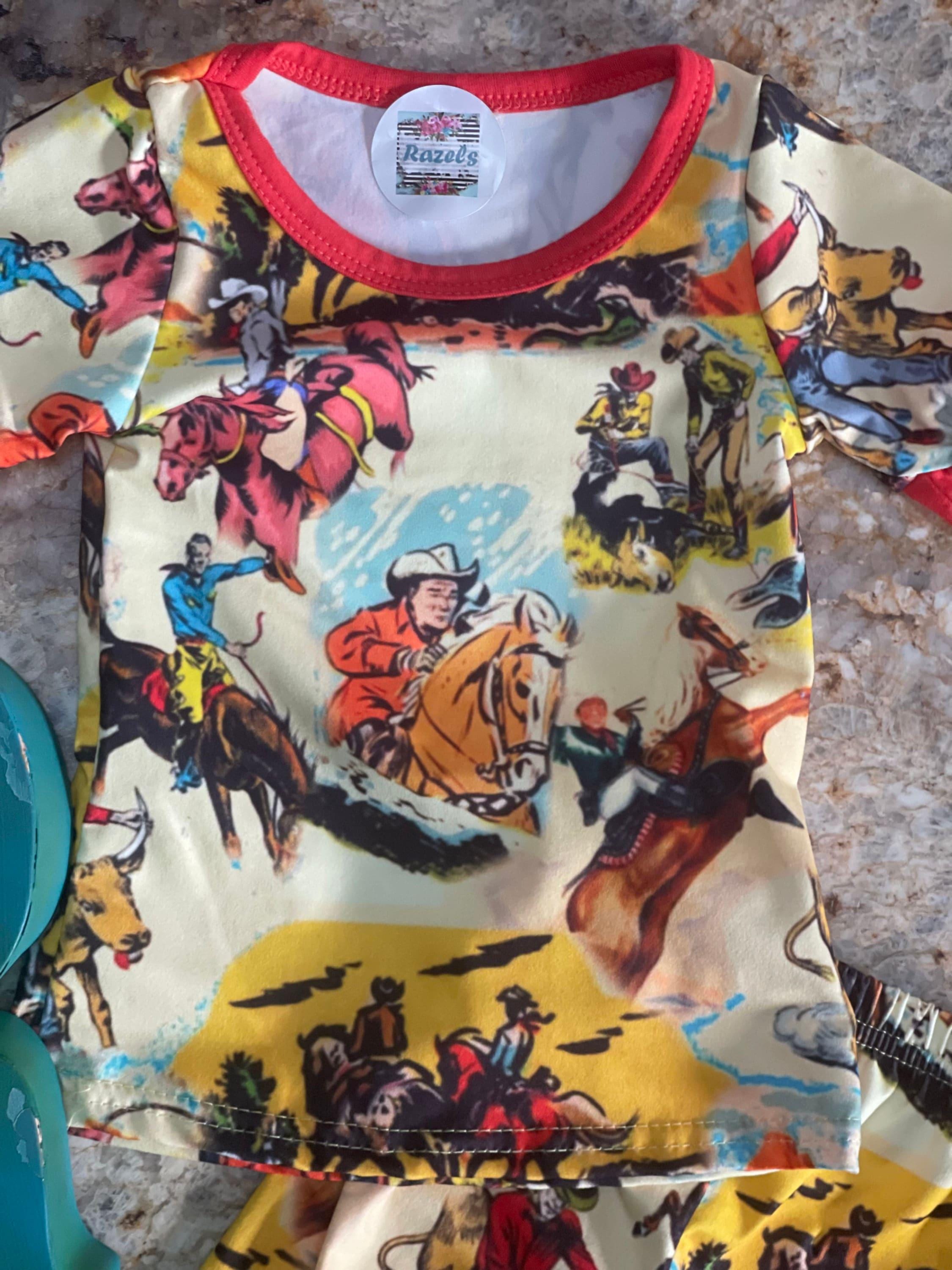 Retro Cowboy Print Pajamas: Cotton Blend Western PJs -Razels