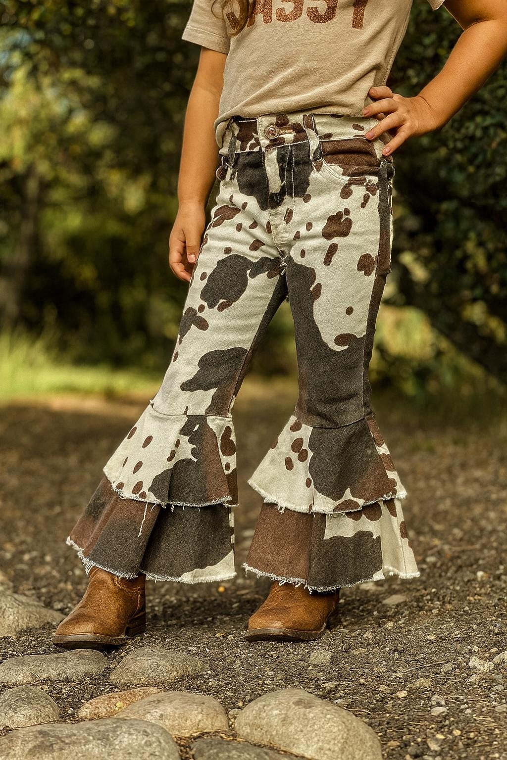 Girls Cowprint Cowgirl Jeans – Girls Western Bell Bottoms | Kids Fall Outfit | Christmas Gift Idea -Razels