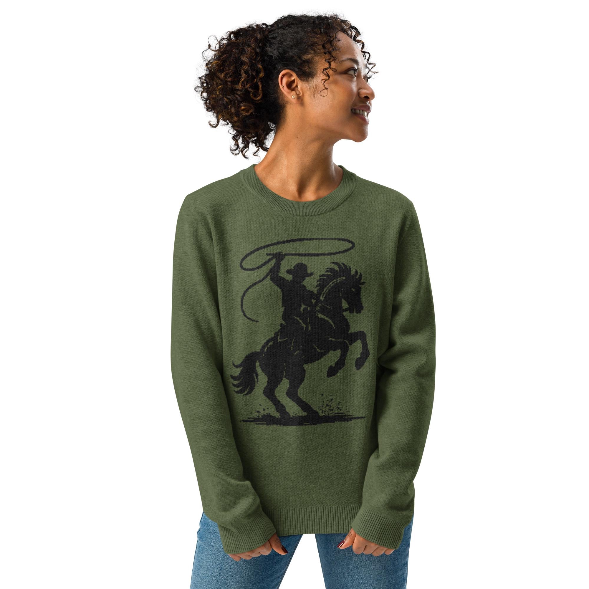 Cowboy Sweater – Olive Green Knit Pullover | Western Rope Rider Crewneck | Razels Exclusive -Razels