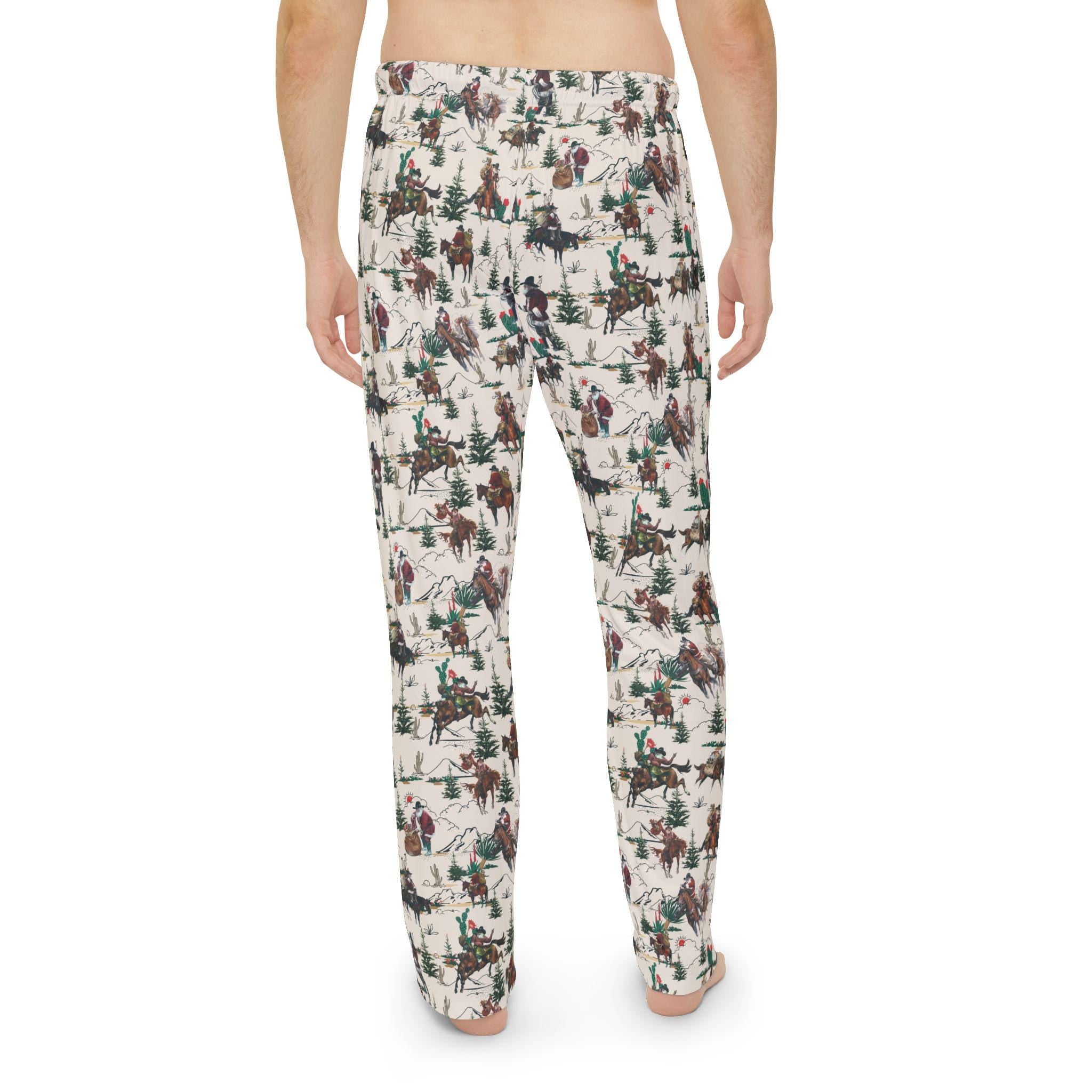 Yeehaw and Merry Christmas! 🤠🎅 These Men&#39;s Cowboy Santa Pajama Pants are ready to ride into your holiday season! Santa’s delivering gifts on horseback—with one horse lookin’ a little broncy. Whether you&#39;re wrangling gifts or sipping cocoa, these pants are made for holiday fun.

✓ 100% soft polyester jersey
✓ Bright, crisp allover cowboy Santa print
✓ Adjustable drawstring waistband
✓ Relaxed unisex fit
✓ Lightweight for all-day comfort
✓ Double-stitched for durability