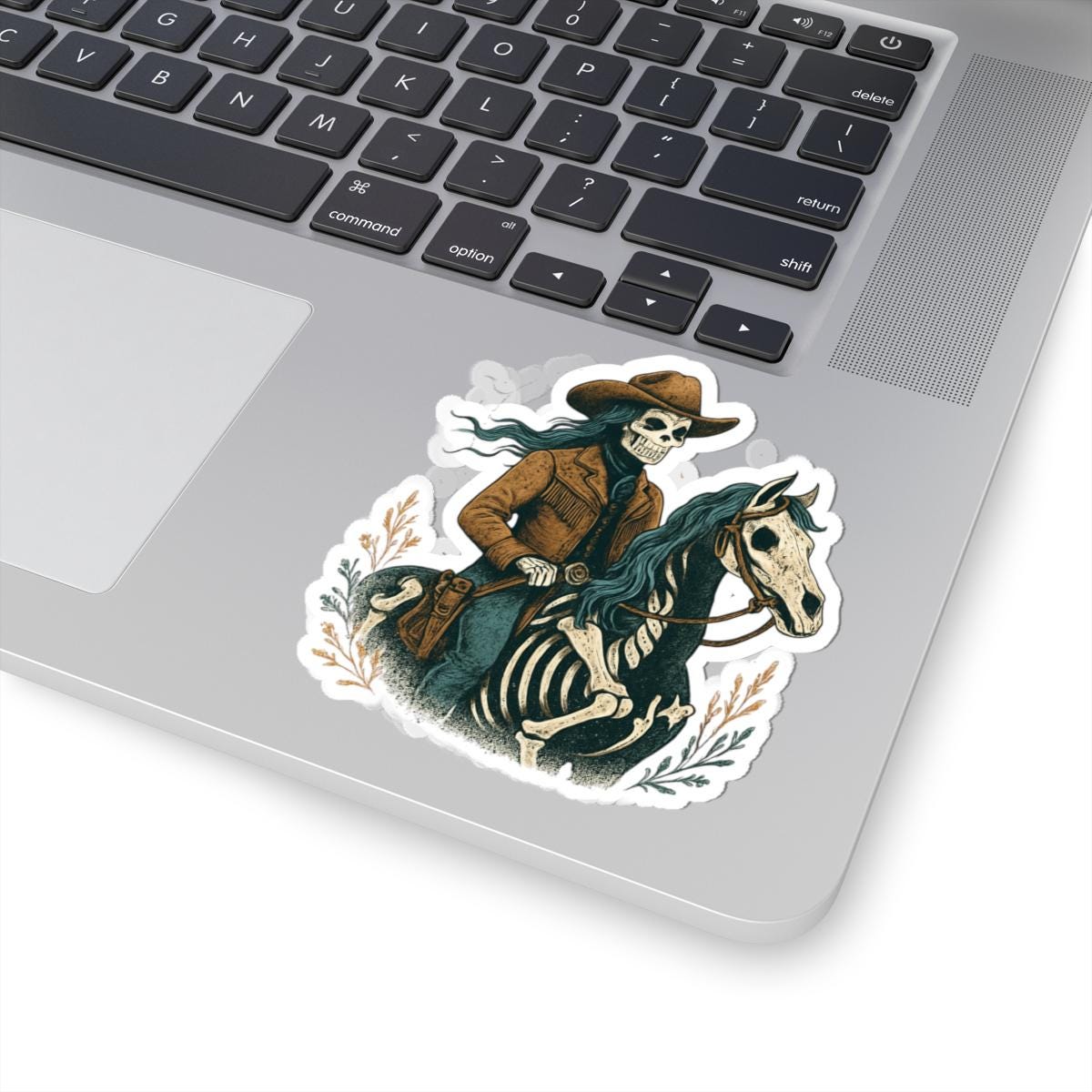 Cowgirl Skeleton Sticker, Western Halloween Vinyl Kiss Cut Decal, Spooky Cowgirl Riding Horse -Razels