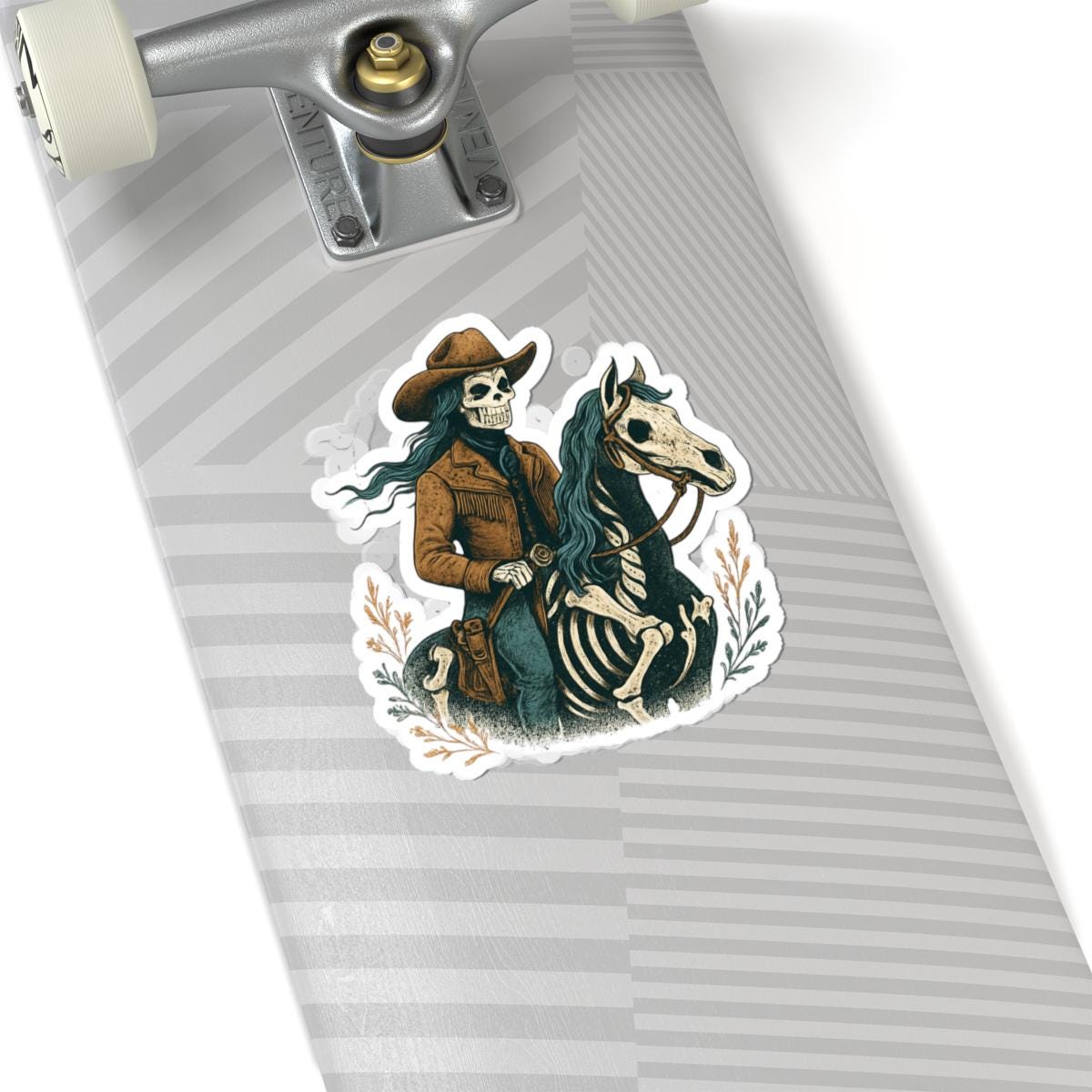Cowgirl Skeleton Sticker, Western Halloween Vinyl Kiss Cut Decal, Spooky Cowgirl Riding Horse -Razels