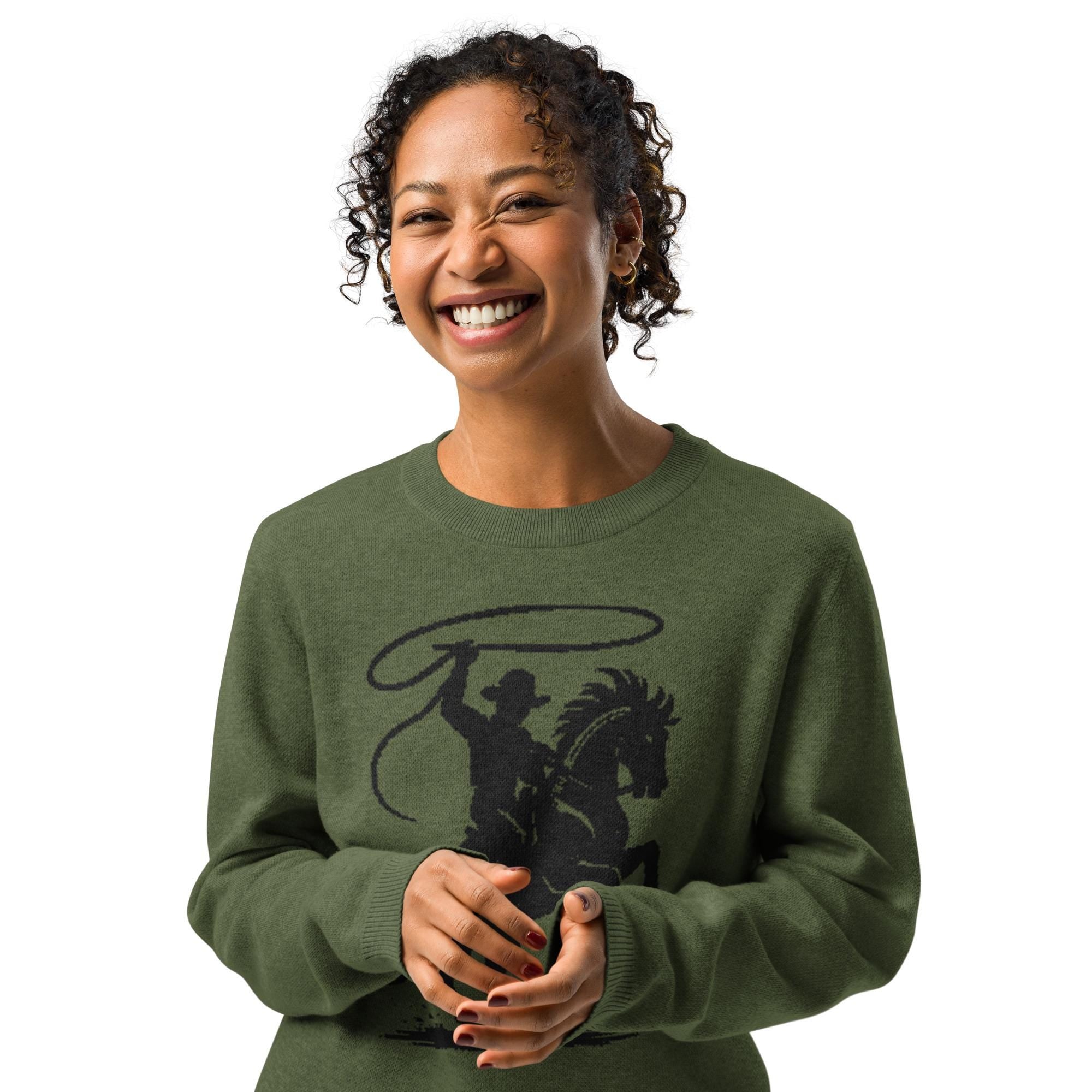 Cowboy Sweater – Olive Green Knit Pullover | Western Rope Rider Crewneck | Razels Exclusive -Razels
