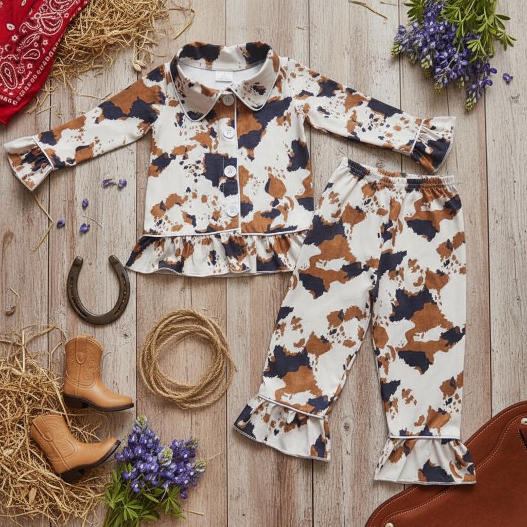 🐮 Cowprint Kids Pajamas – Western Ruffle Lounge Set | Fall & Christmas Gift Idea

Oh my stars — these Cowprint Pajamas are the cutest thing sin9ce cowboy boots on a baby! 🤎 Cozy, stretchy, and full of Western flair, this two-piece set is perfect for bedtime cuddles, fall photos, or Christmas morning with the family.
✓ Soft + stretchy for easy movement
✓ Button-front top with ruffle trim
✓ Matching ruffle-hem pants
✓ Cute brown + black cowprint on creamy background