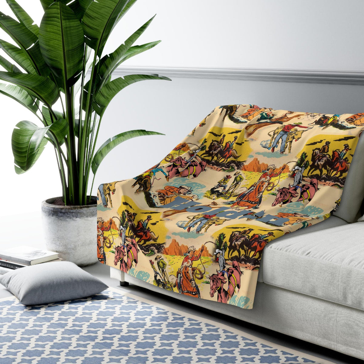 Vintage Cowboy Sherpa Fleece Blanket , Retro Western Throw | Cozy Cowboy Gift for Ranch & Home Décor
