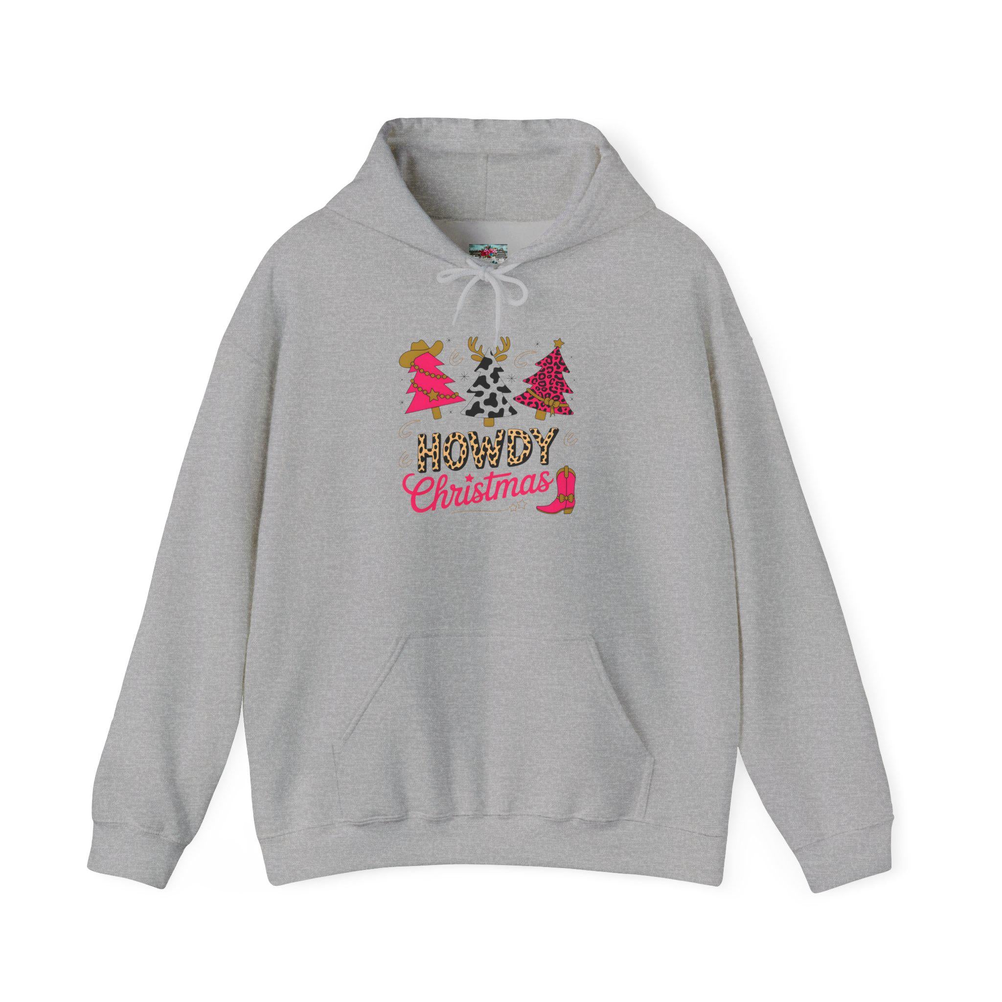 Howdy Christmas Hoodie, Western Holiday Sweatshirt | Cowprint Leopard Pink Trees | Cowgirl Christmas Gift | Matching Kids