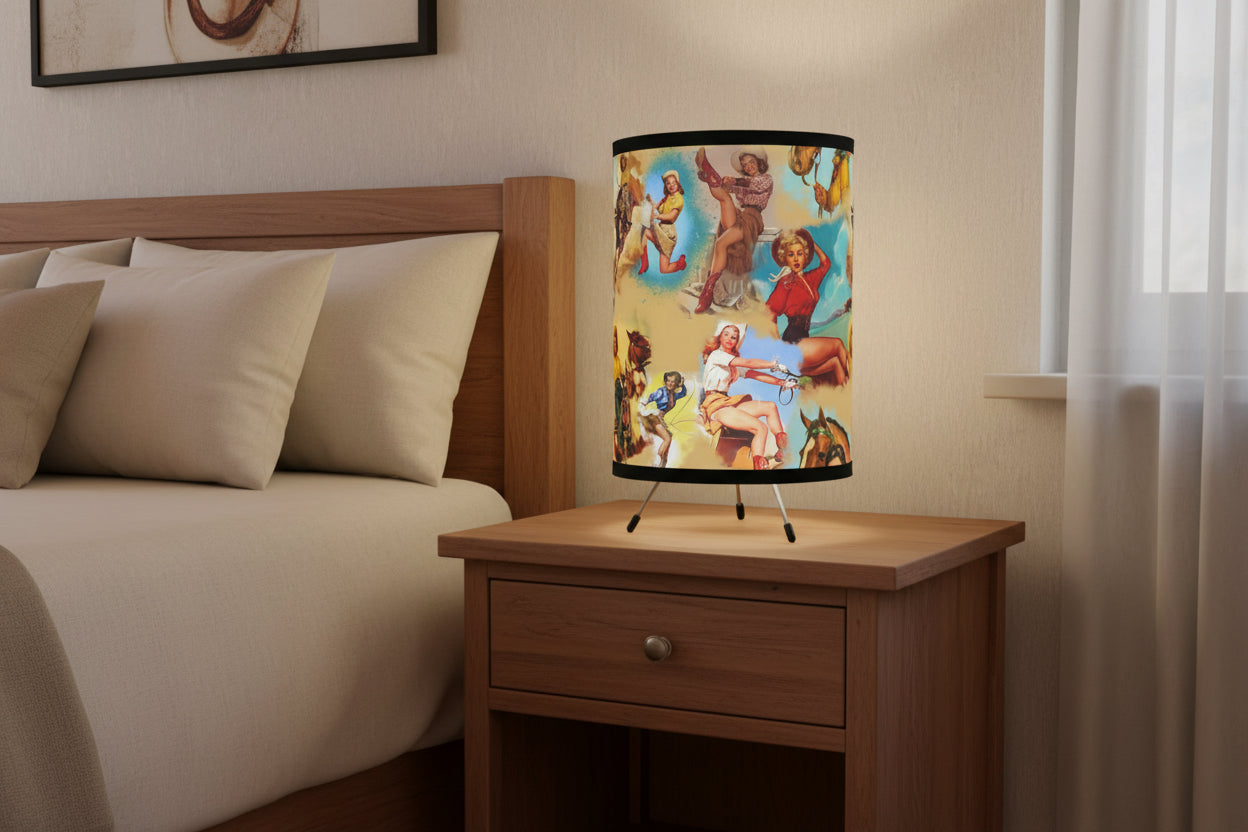 Vintage Cowgirl Tripod Lamp, Retro Western Home Decor, Pin-Up Cowgirl Shade, Rustic Bedroom & Living Room Lighting | Razels Exclusive