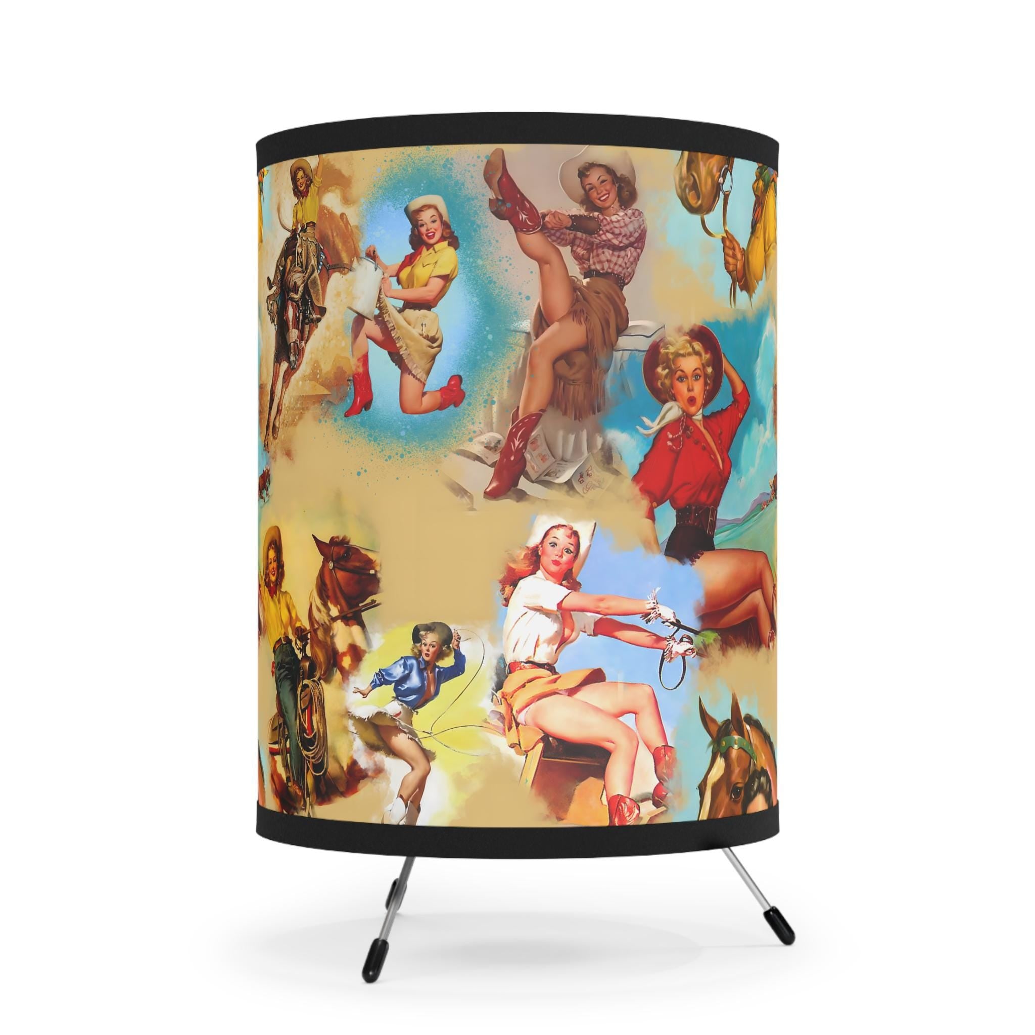 Vintage Cowgirl Tripod Lamp, Retro Western Home Decor, Pin-Up Cowgirl Shade, Rustic Bedroom & Living Room Lighting | Razels Exclusive