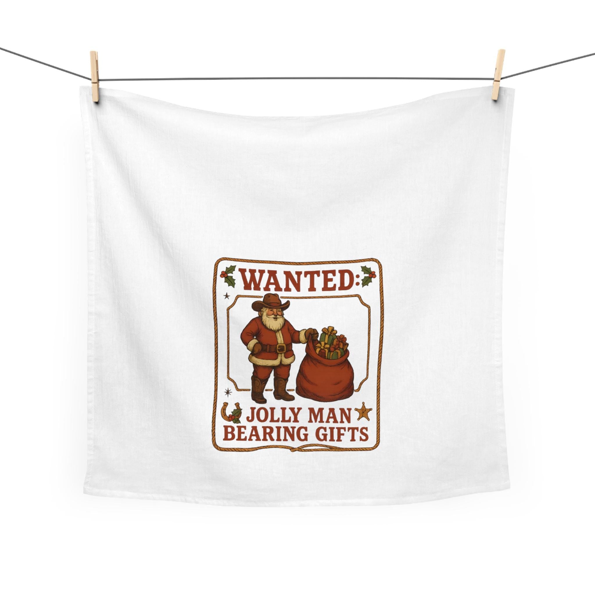 Cowboy Santa Wanted Poster Tea Towel, Western Christmas Kitchen Towel, Jolly Man Bearing Gifts Decor