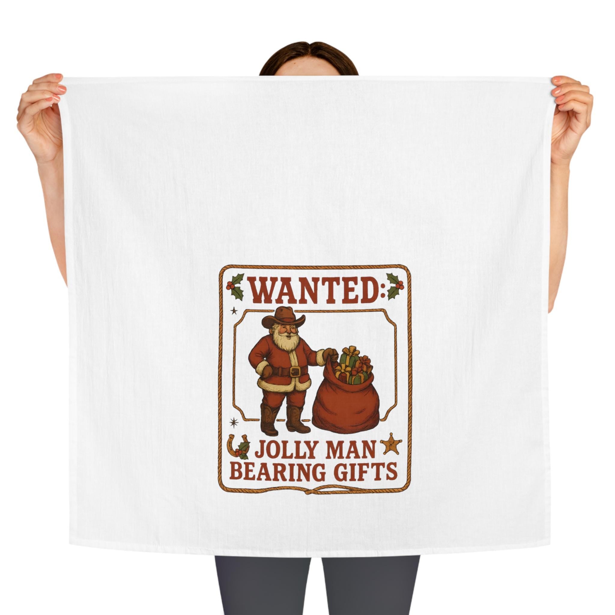 Cowboy Santa Wanted Poster Tea Towel, Western Christmas Kitchen Towel, Jolly Man Bearing Gifts Decor