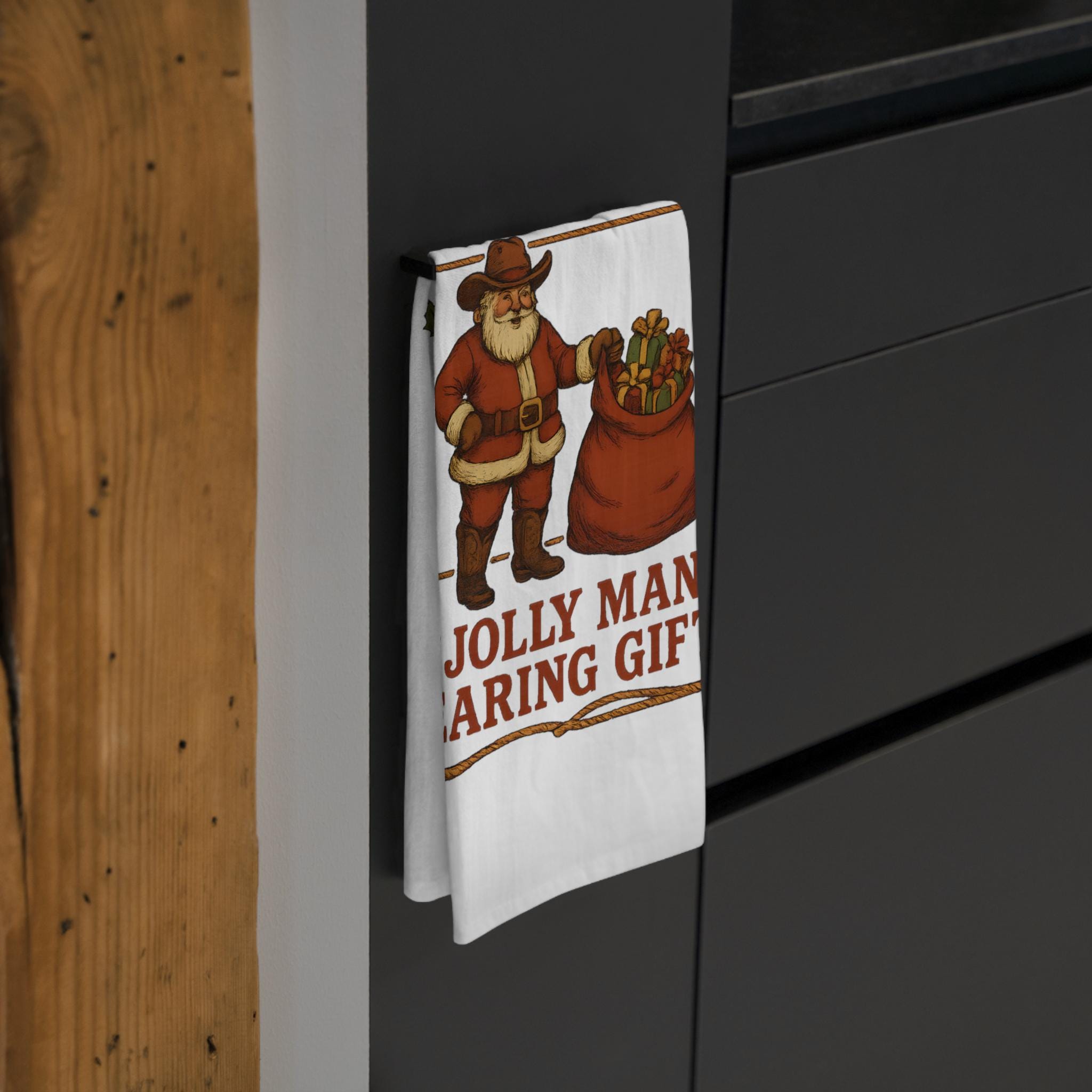 Cowboy Santa Wanted Poster Tea Towel, Western Christmas Kitchen Towel, Jolly Man Bearing Gifts Decor