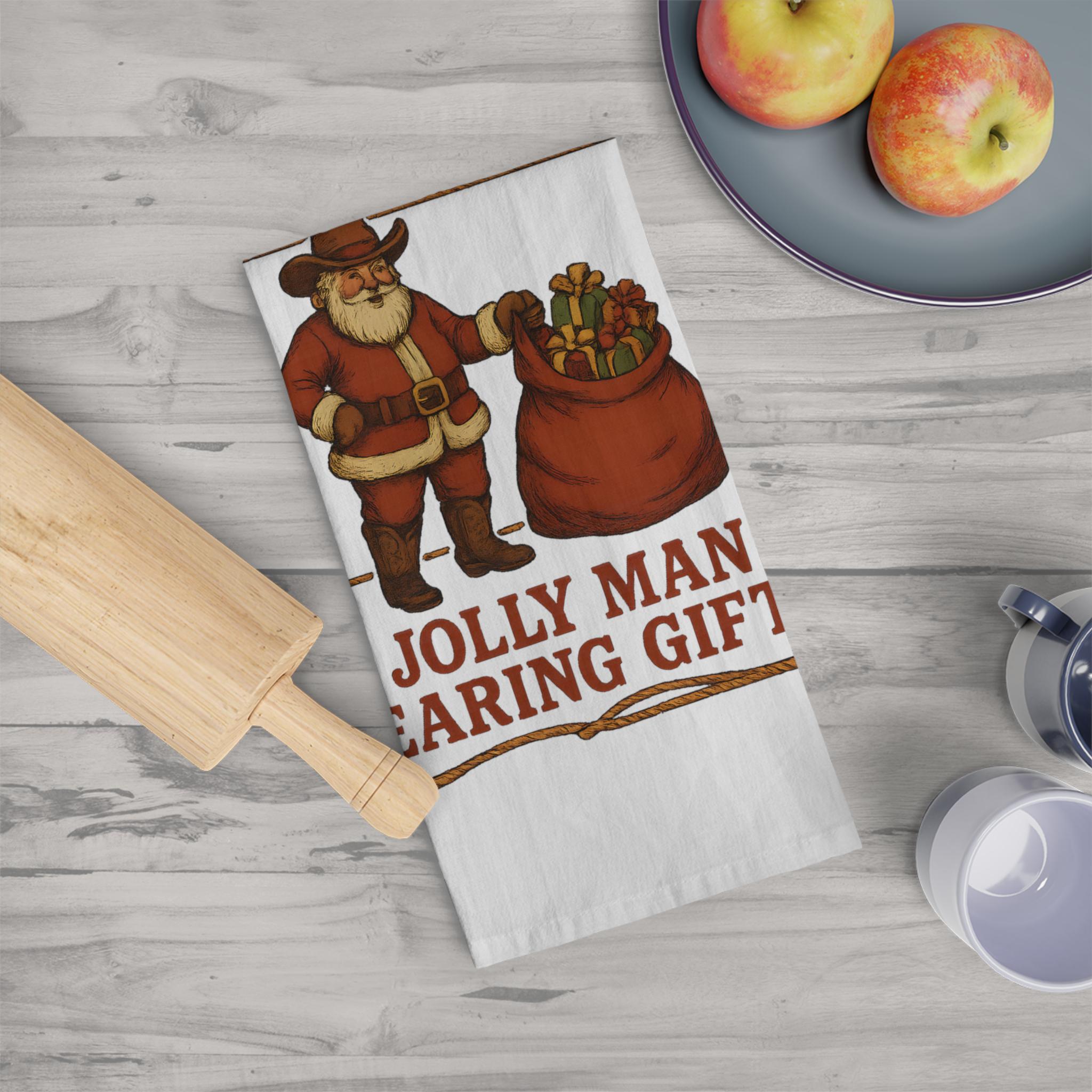 Cowboy Santa Wanted Poster Tea Towel, Western Christmas Kitchen Towel, Jolly Man Bearing Gifts Decor