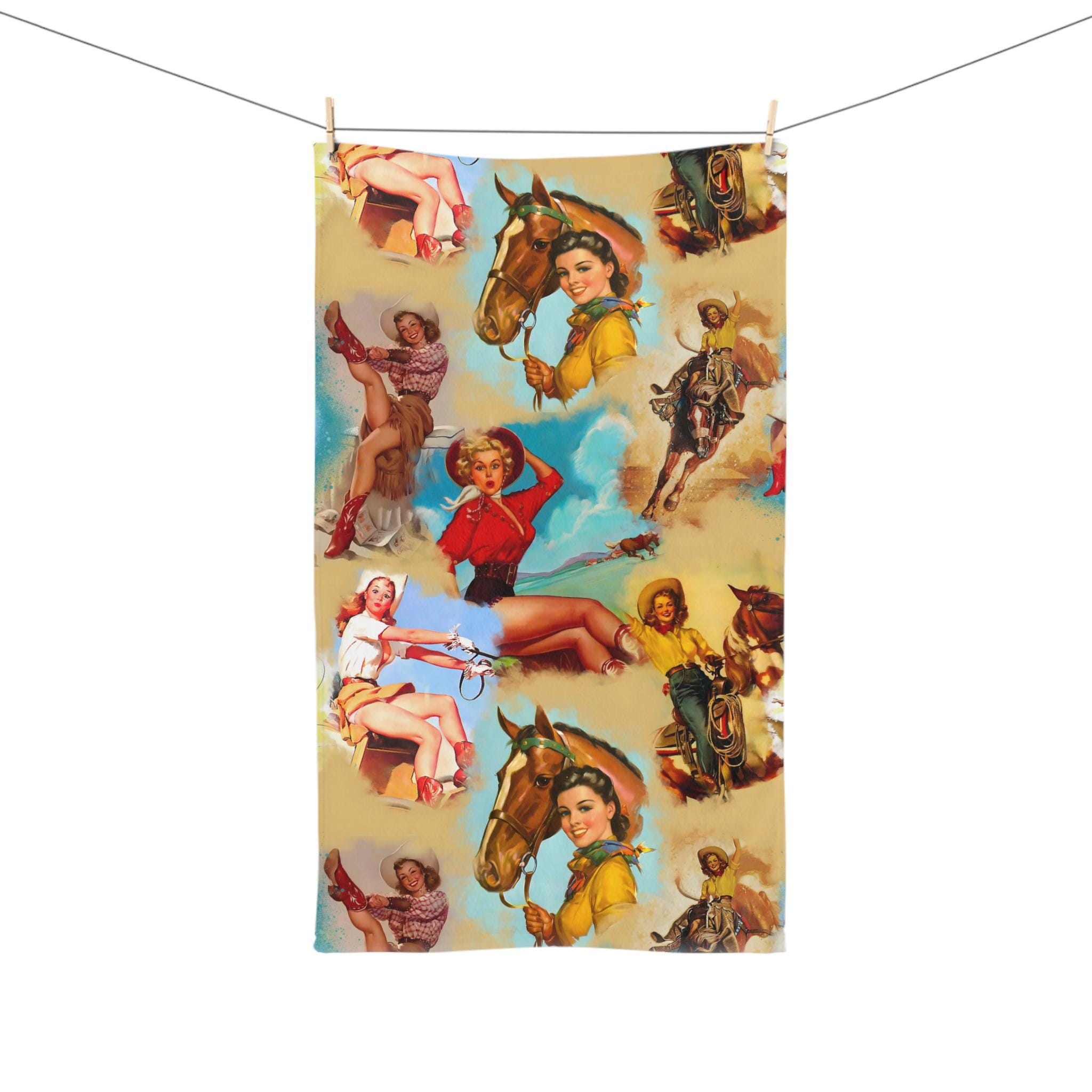 Retro Cowgirls Hand Towel, Vintage Western Pin-Up Cowgirl Decor