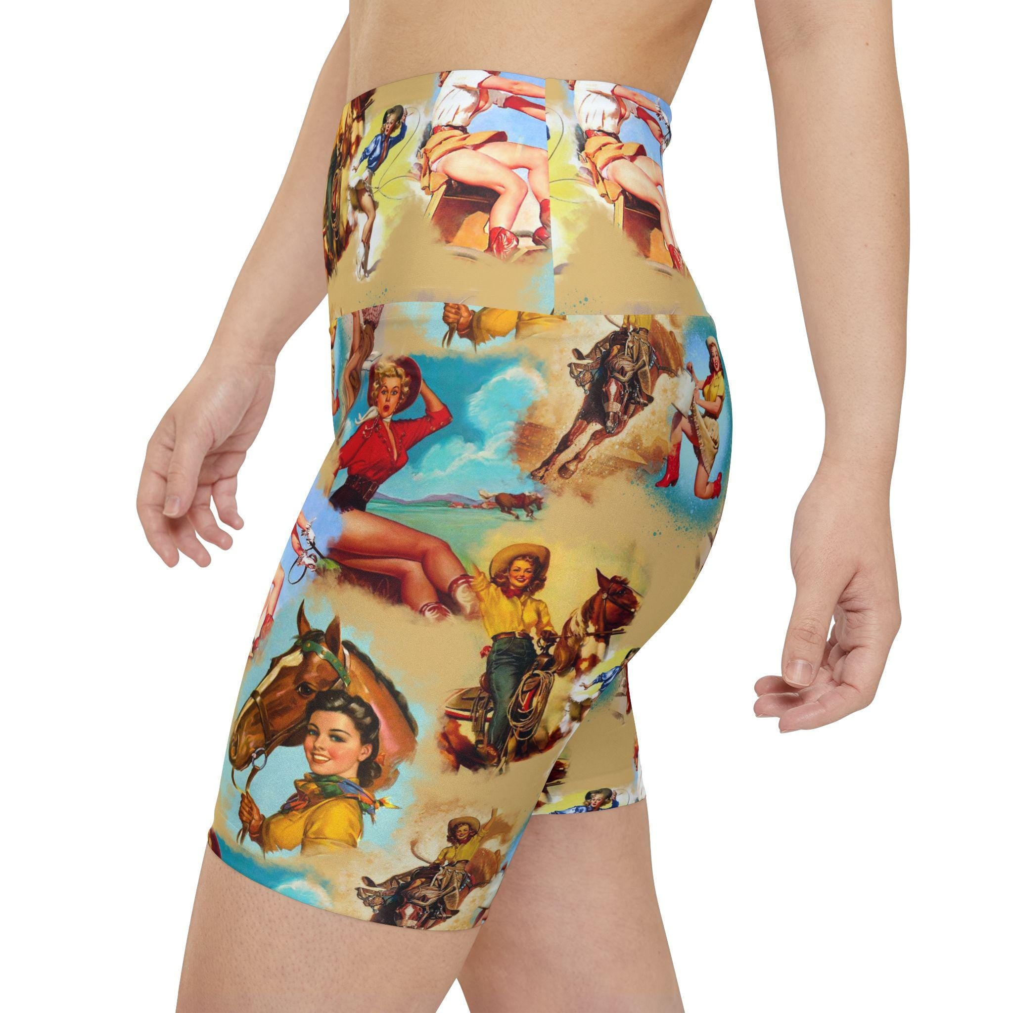 Retro Cowgirl Print Womens Biker Shorts | Western Workout Shorts