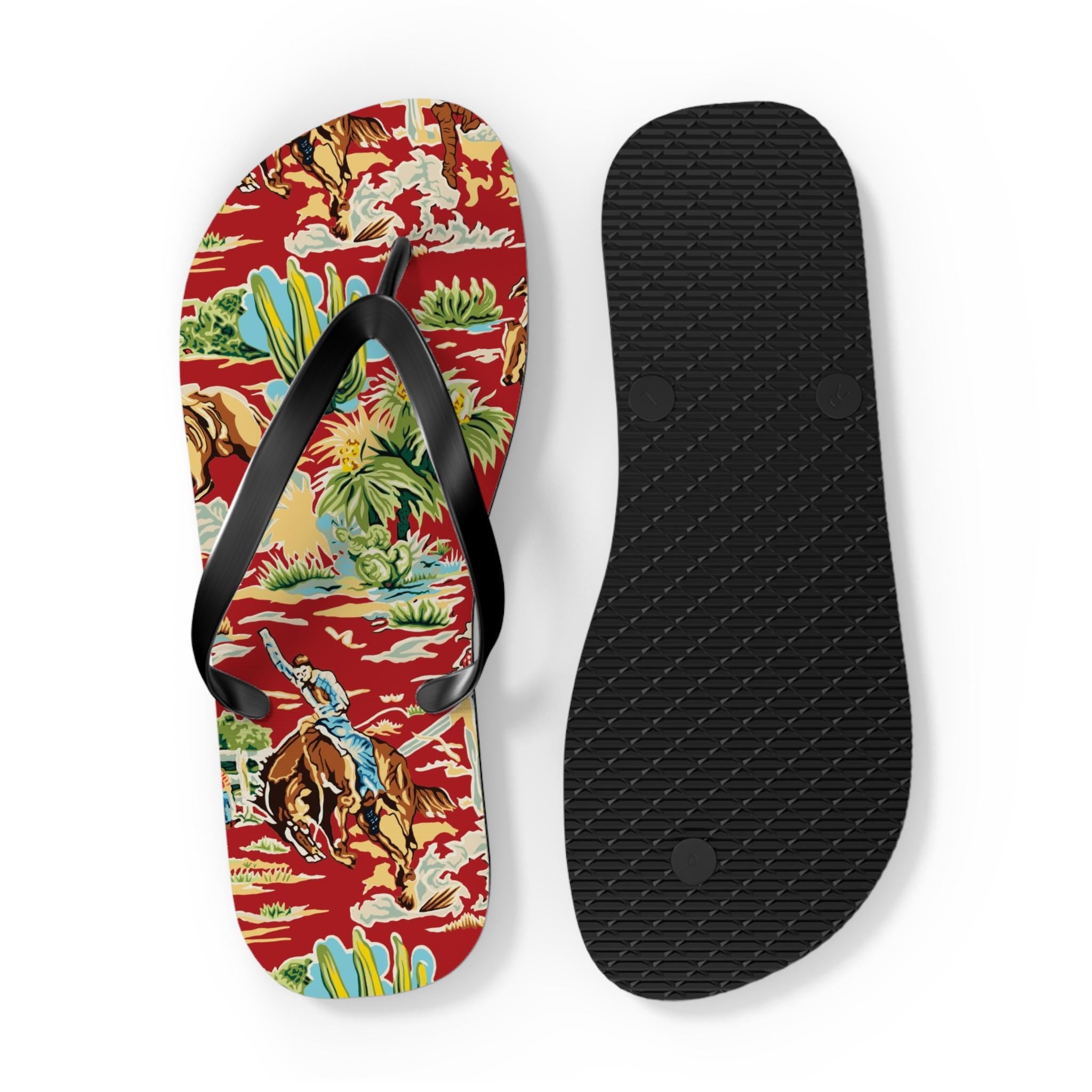 Western Cowboy Flip Flops | Vintage Cowboy & Cactus Print Sandals