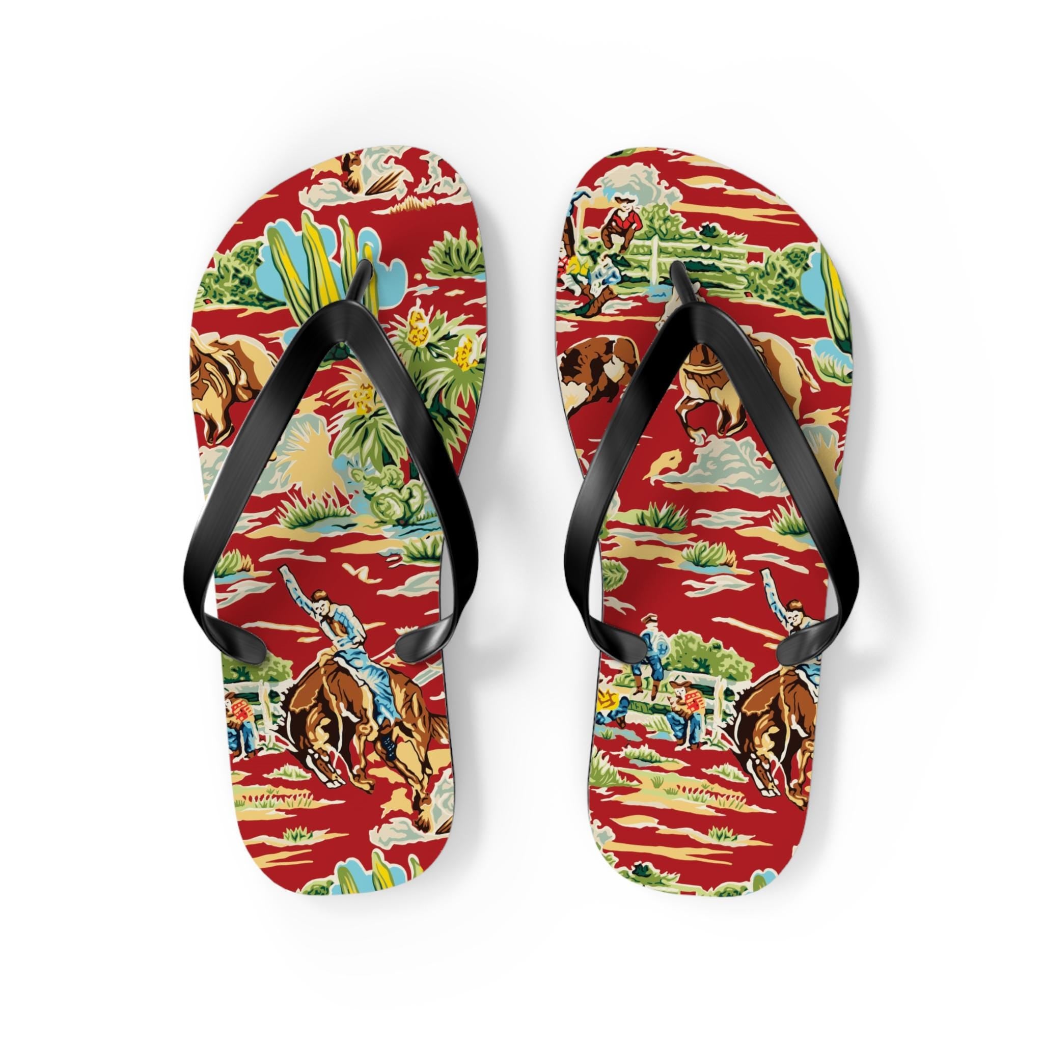 Western Cowboy Flip Flops | Vintage Cowboy & Cactus Print Sandals