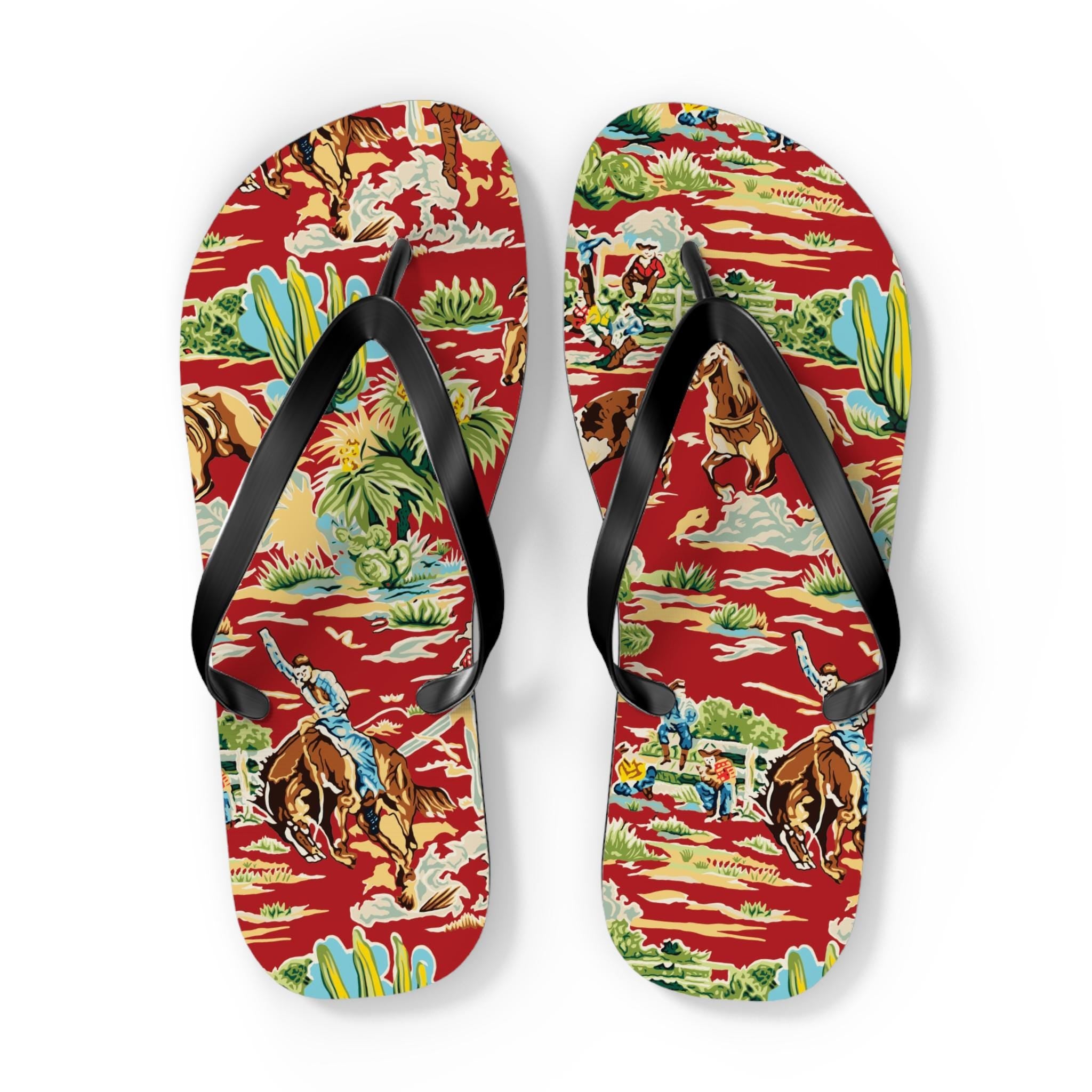 Western Cowboy Flip Flops | Vintage Cowboy & Cactus Print Sandals