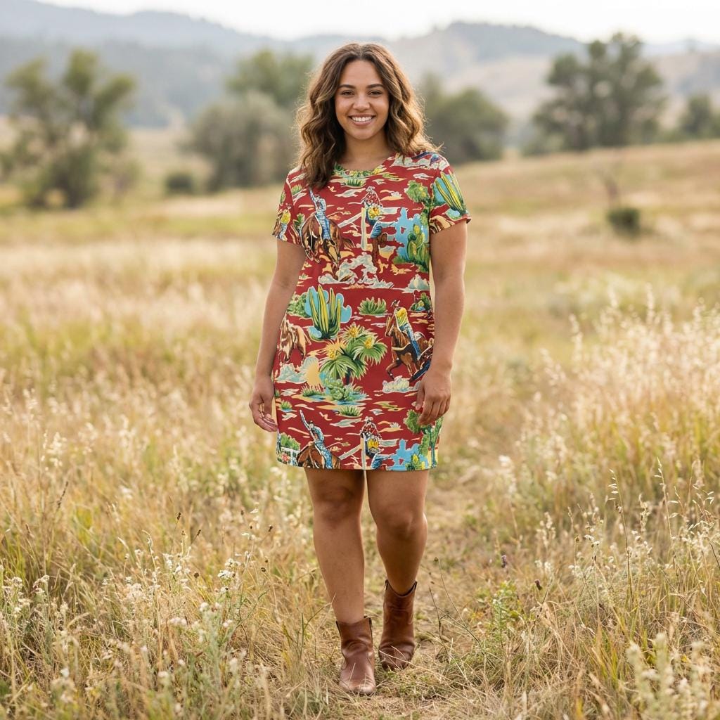 Western Cowboy T-Shirt Dress | Vintage Cowboy Print Dress
