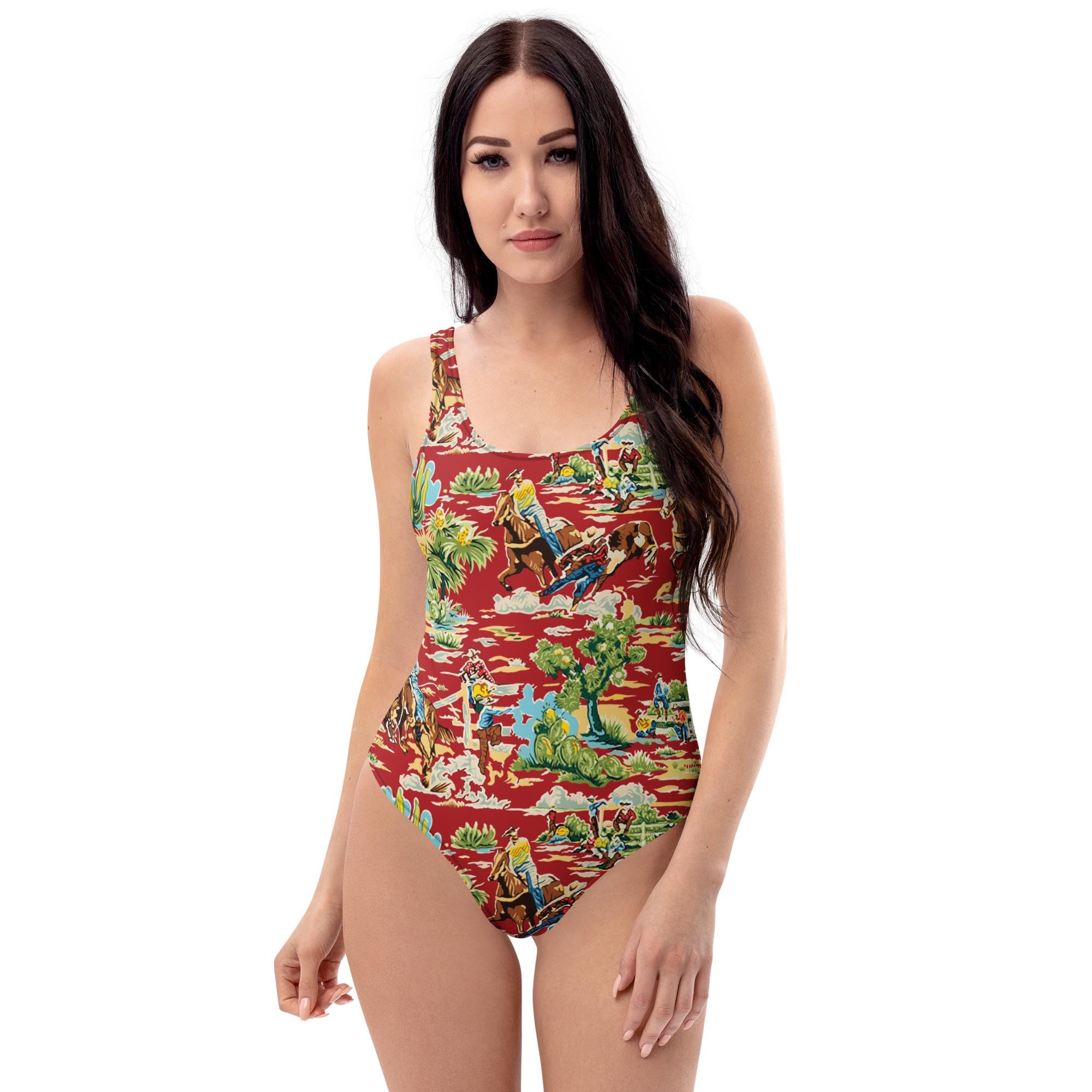 Western Swimsuit, Cowboy Print One Piece, Red Cowgirl Swimwear