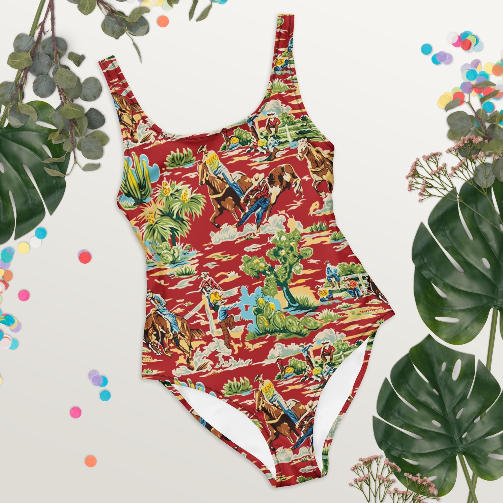 Western Swimsuit, Cowboy Print One Piece, Red Cowgirl Swimwear