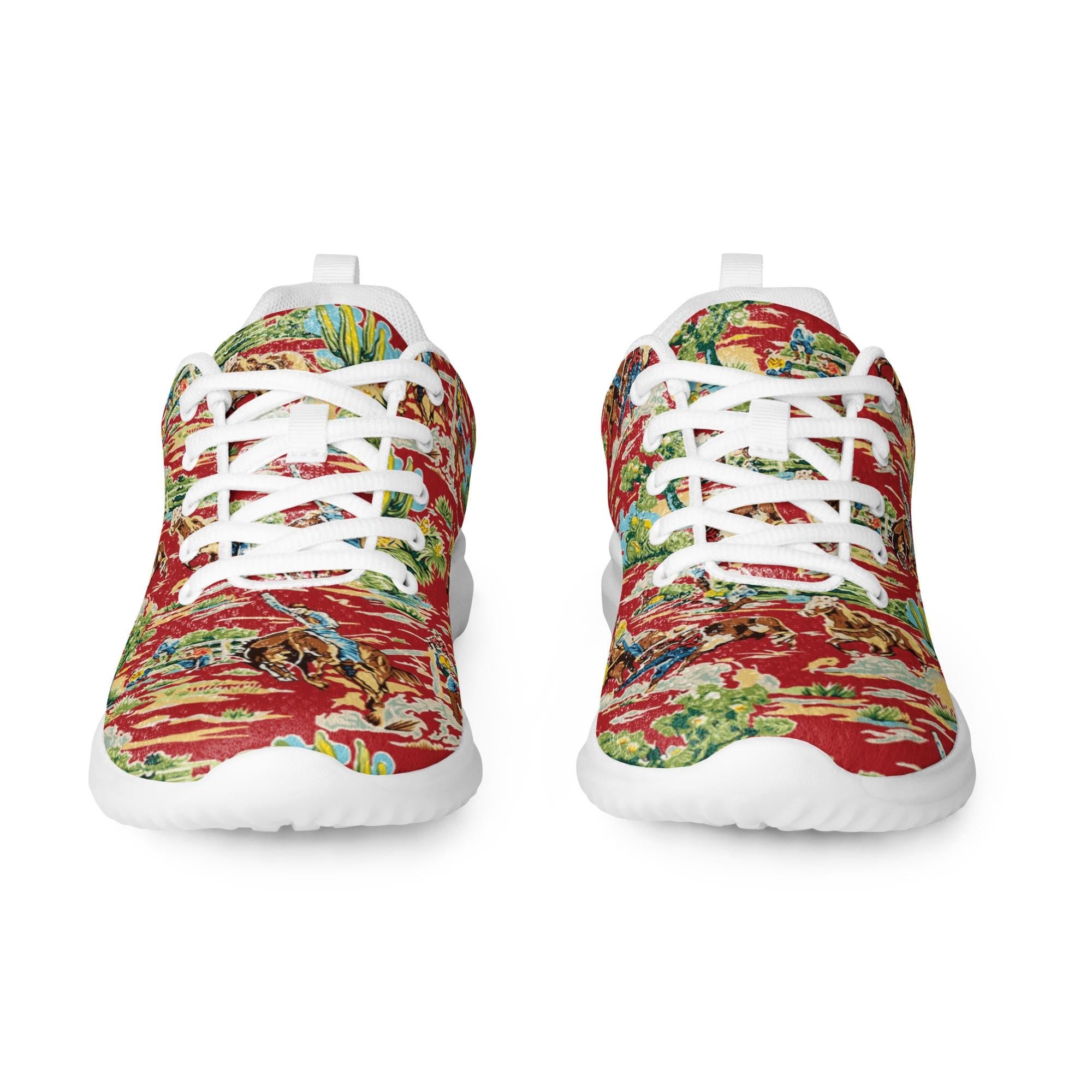 Red Vintage Cowboy Athletic Shoes | Bronc & Steer Wrestling Print Sneakers