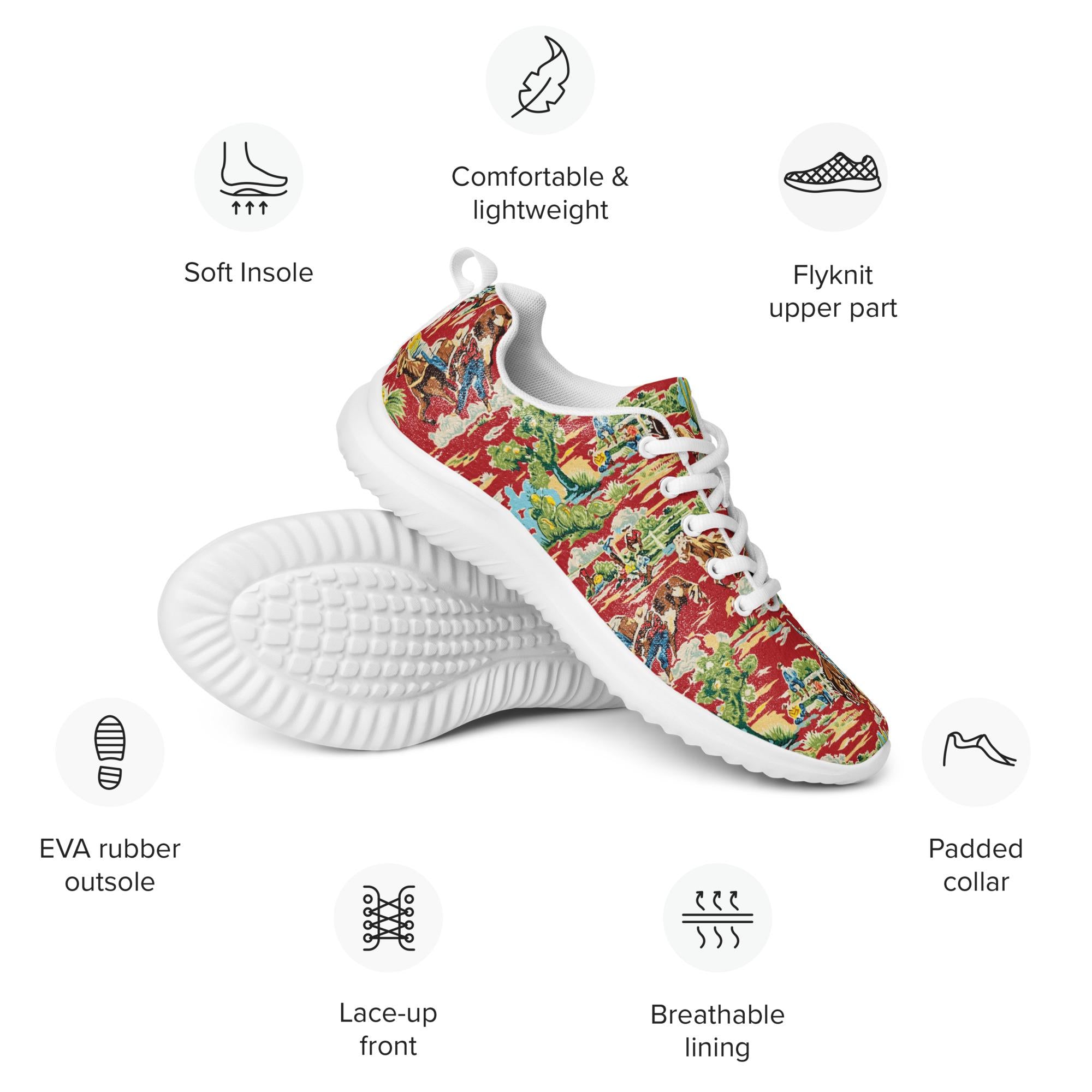 Red Vintage Cowboy Athletic Shoes | Bronc & Steer Wrestling Print Sneakers