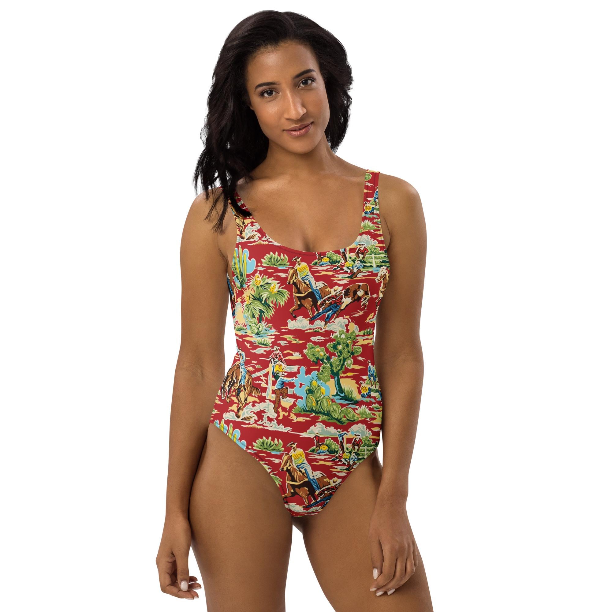 Western Swimsuit, Cowboy Print One Piece, Red Cowgirl Swimwear