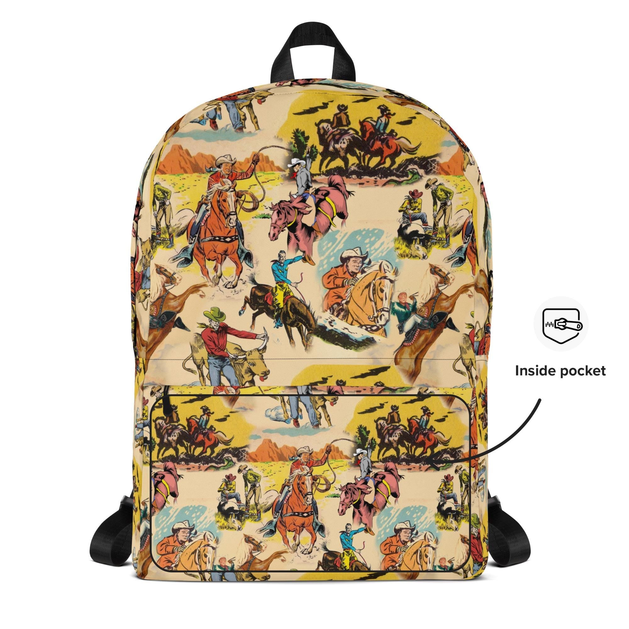 Vintage Cowboy Backpack, Western Laptop Backpack, Yellow Retro Cowboy Bag