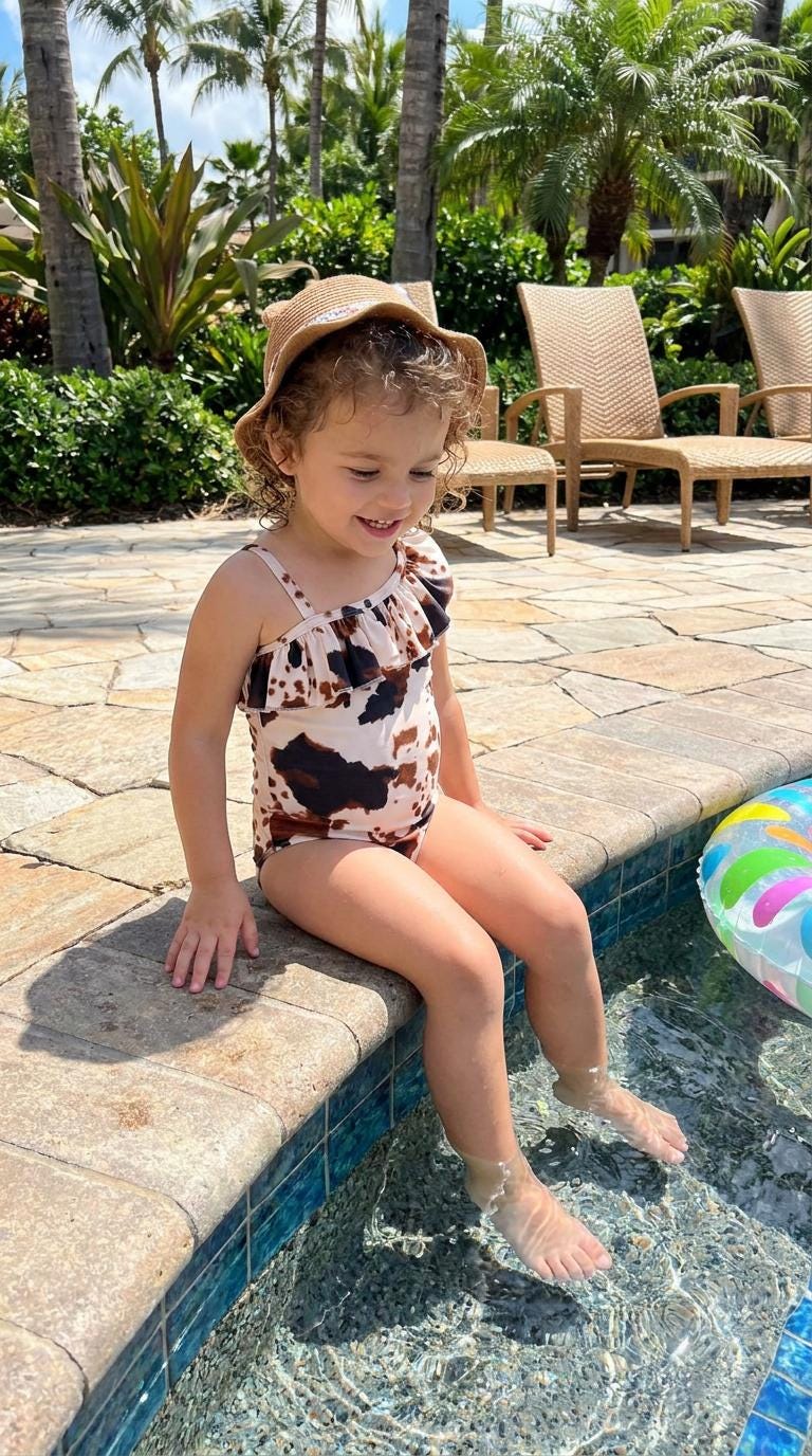 Girls Cowprint One-Piece Swimsuit | Western Cowgirl Bathing Suit