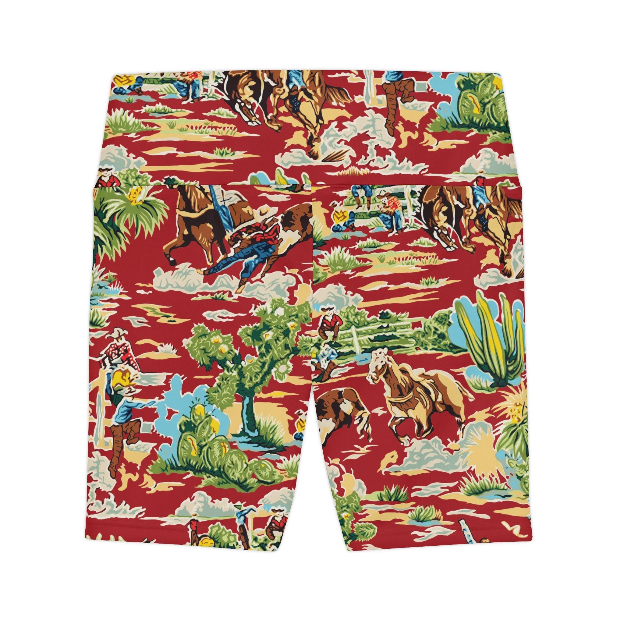Red Cowboy Print Womens Biker Shorts, Western Rodeo Workout Shorts