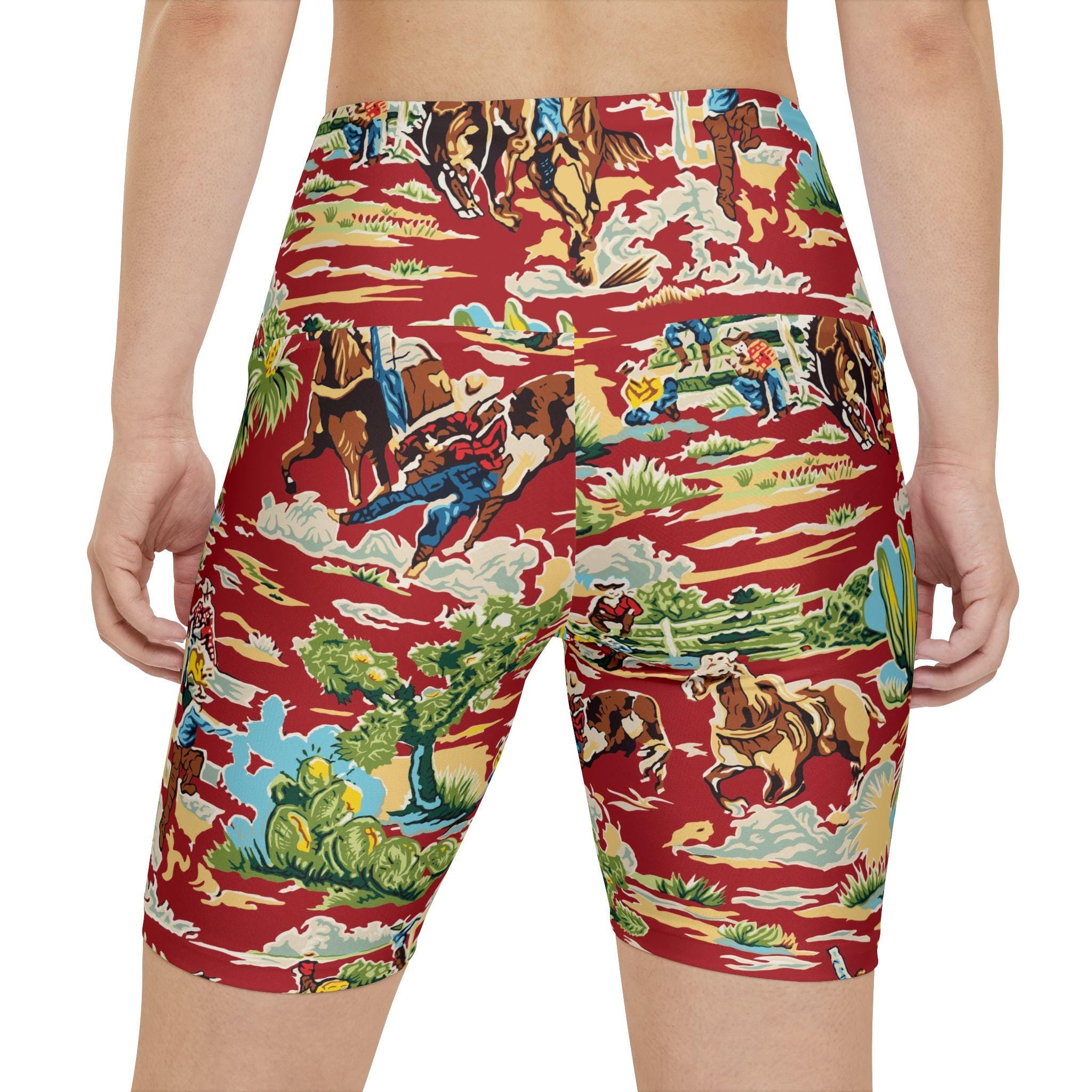 Red Cowboy Print Womens Biker Shorts, Western Rodeo Workout Shorts
